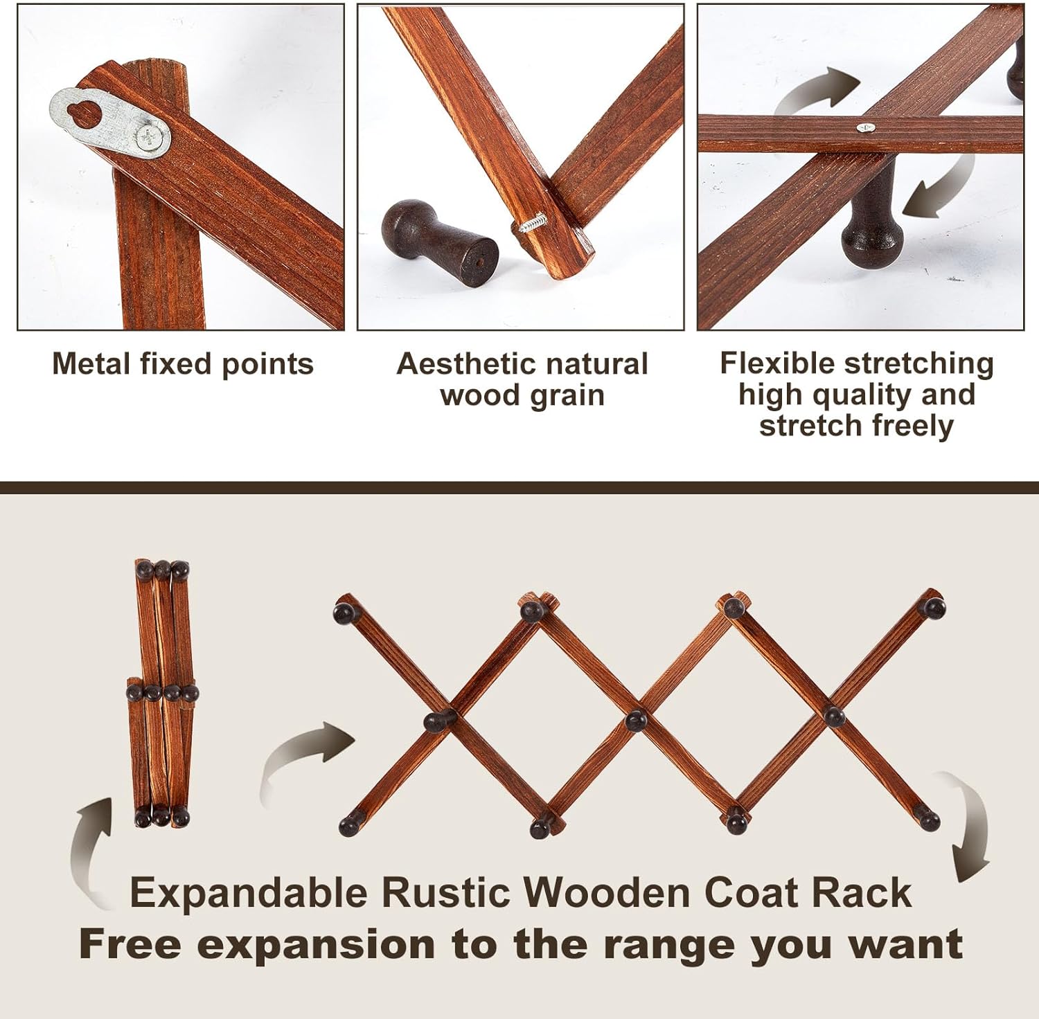 4 Pcs Expandable Wooden Coat Rack Wall Hanger with 11 Hooks