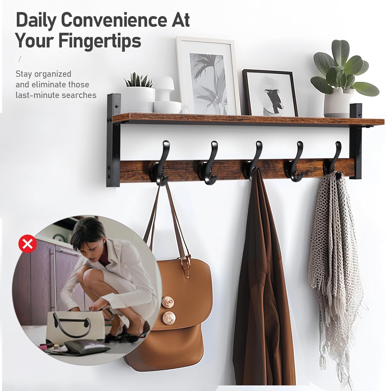 Tatub 29 Inch Rustic Black Coat Rack Wall Mount with Shelf