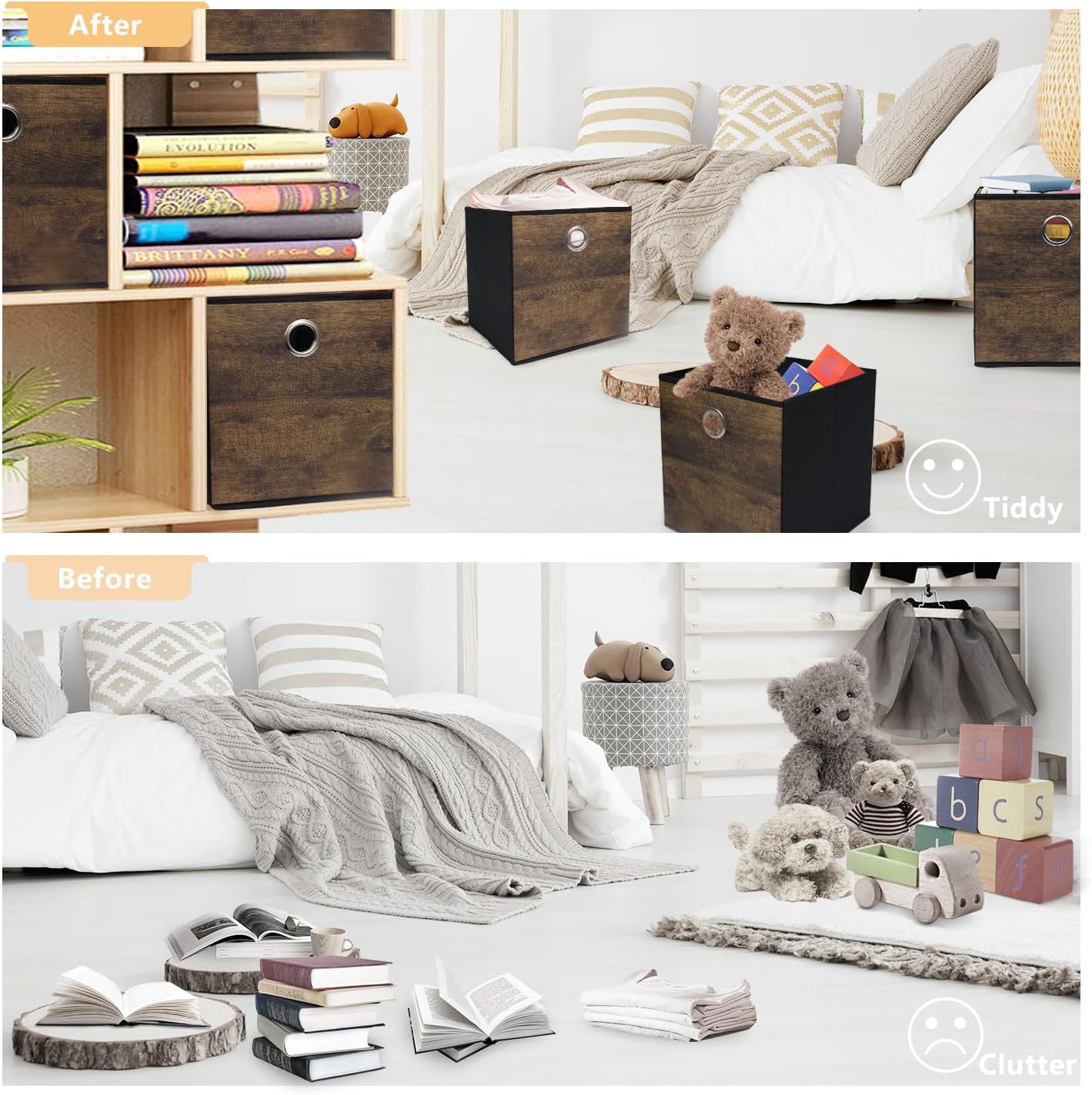 Thickened Fabric Storage Bins with Wood Grain 3 Pack