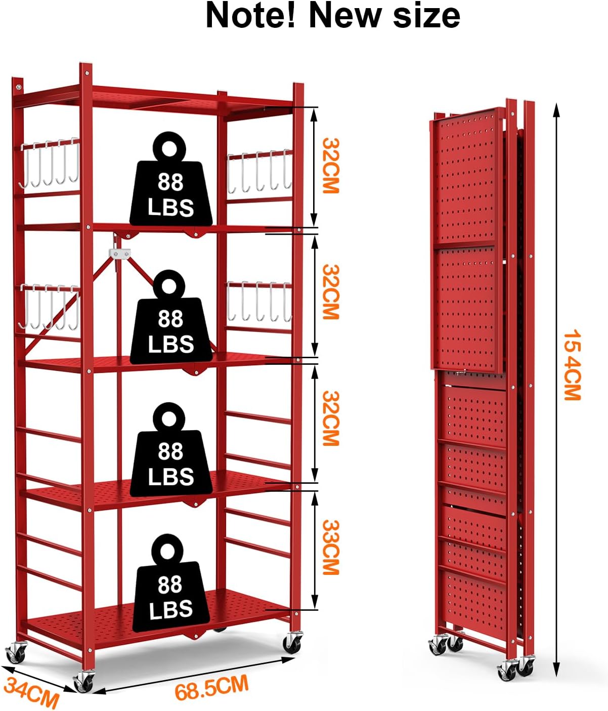 Himix 5-Tier Foldable Storage Shelves with 20 Hooks Red