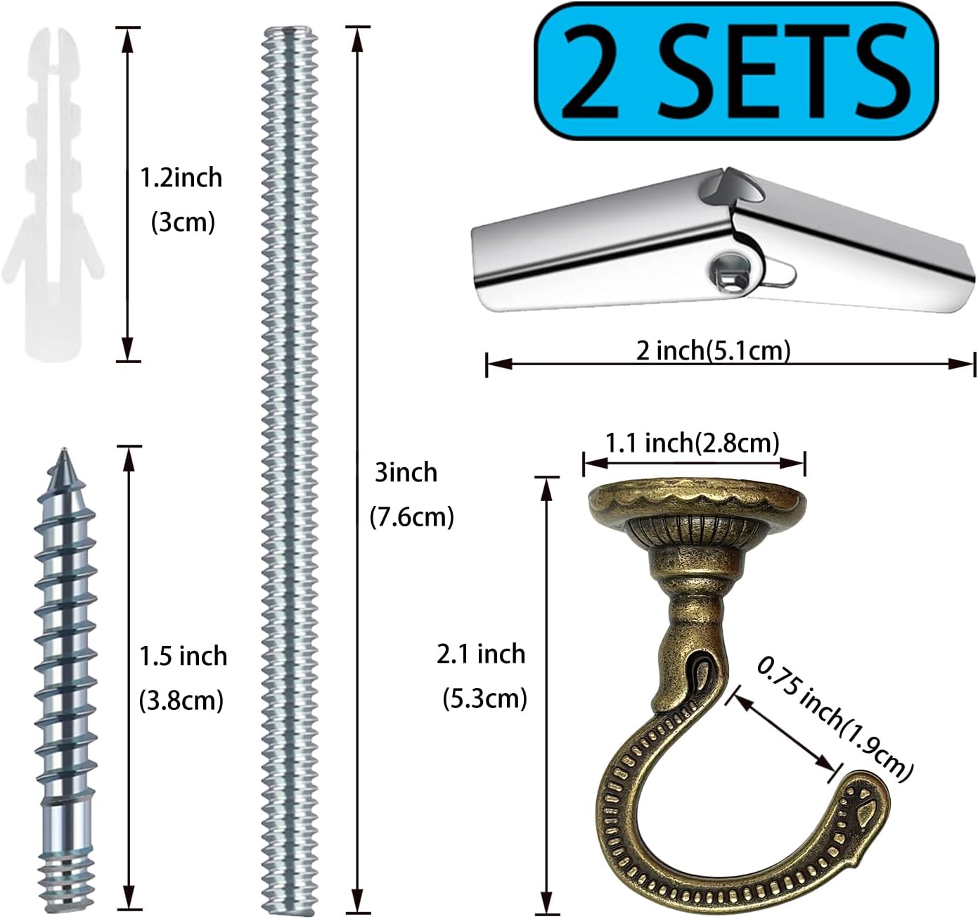 2 Sets Heavy-Duty Swag Ceiling Hooks with Hardware - Antique Brass