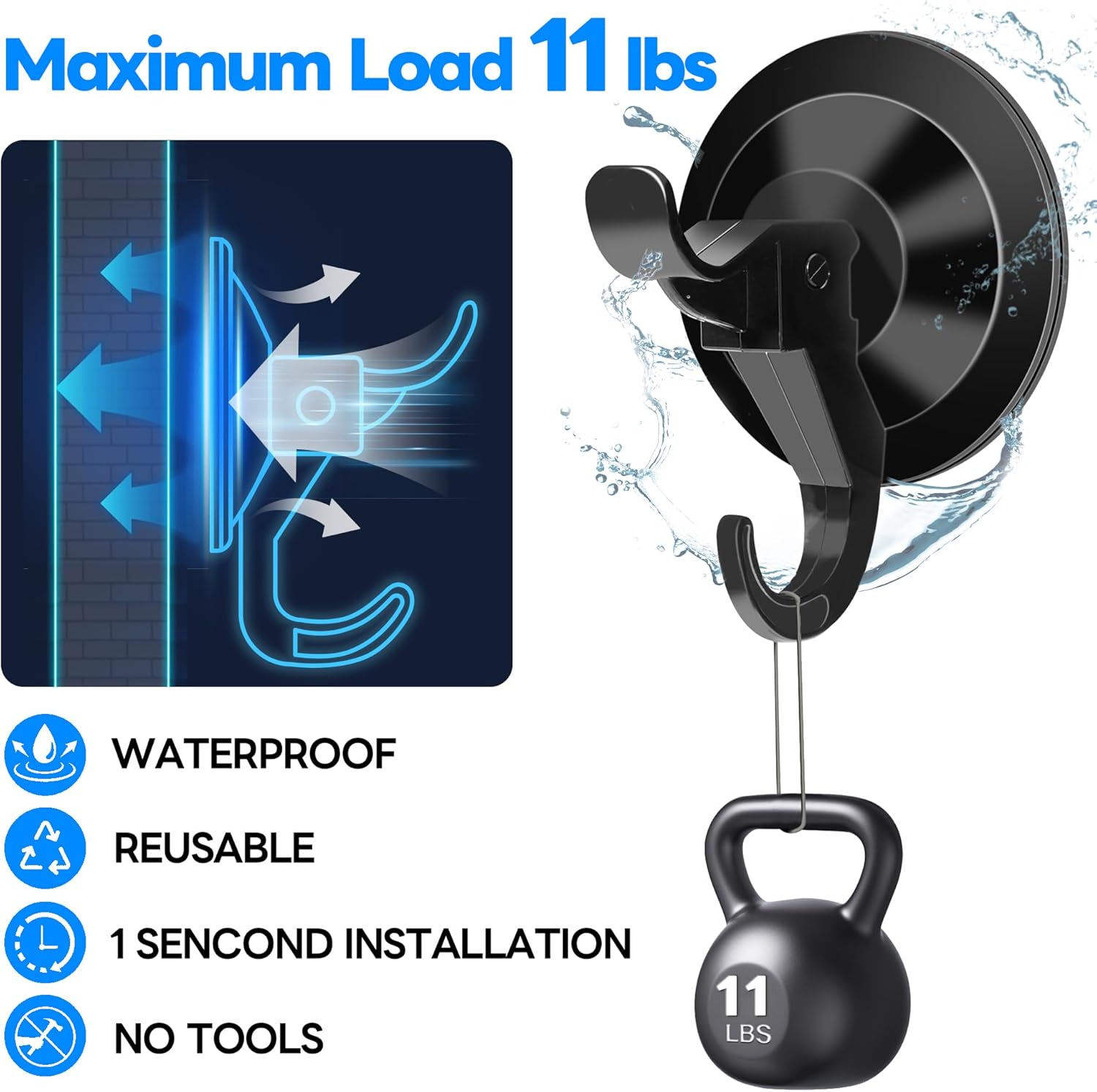 ANDGOO 10 Pack Heavy Duty Suction Cup Hooks Black