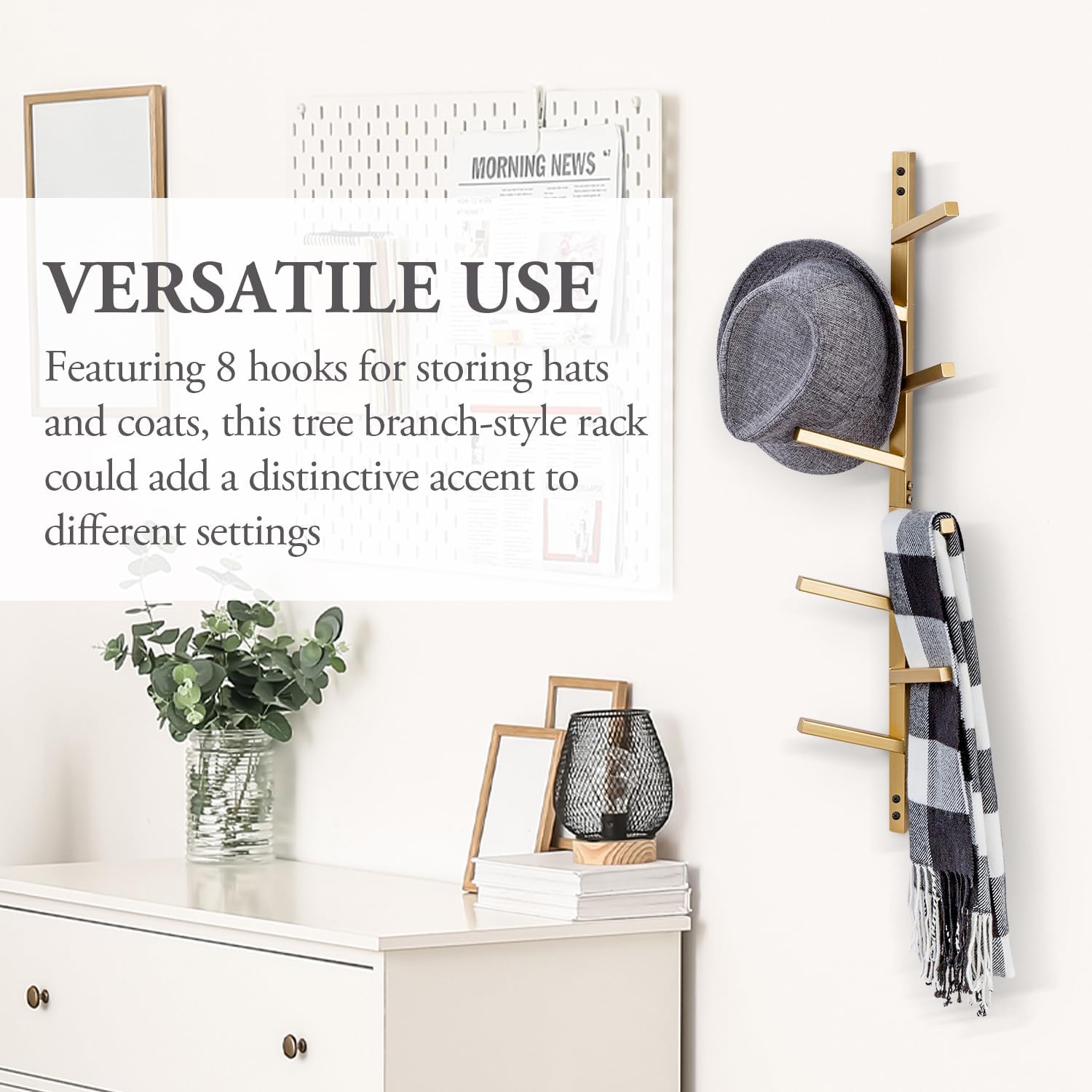 MyGift 8 Hook Vintage Gold Tone Metal Wall Mounted Hat and Coat Hanger Tree