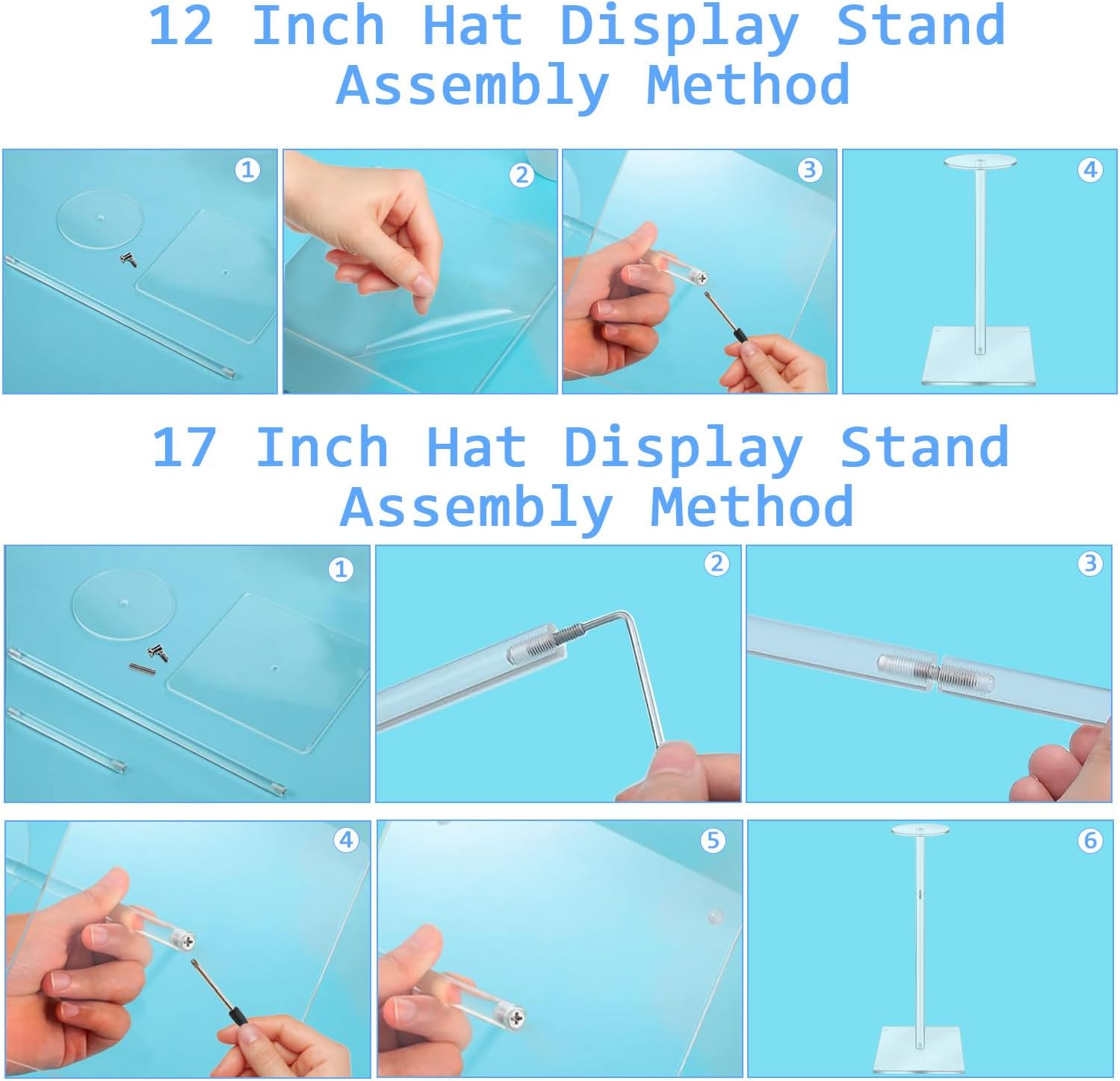 AYSUM 4 Pack Acrylic Hat Display Stands 17 Inch Adjustable Clear Riser