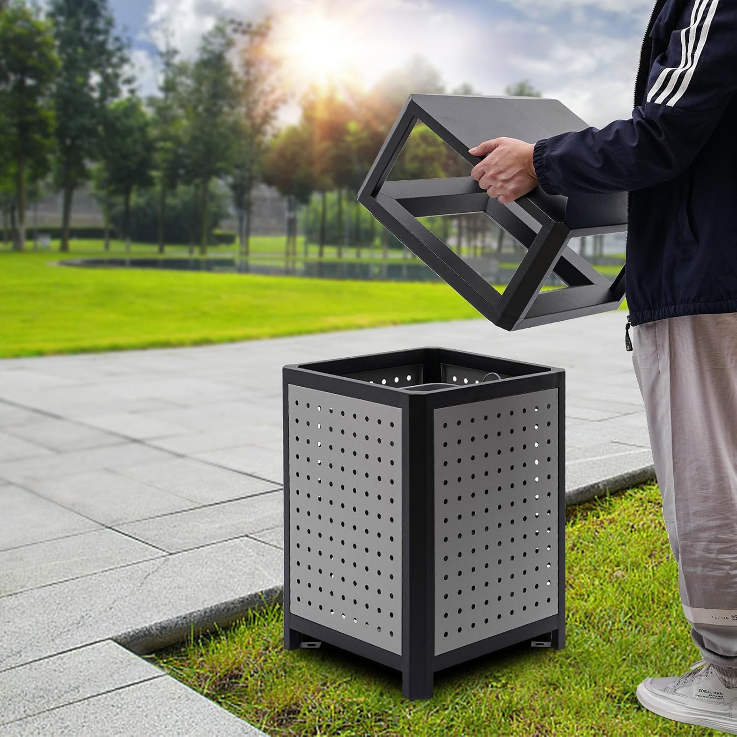 Commercial Waste Container Trash Can with Ashtray - 15 Gallon Stainless Steel