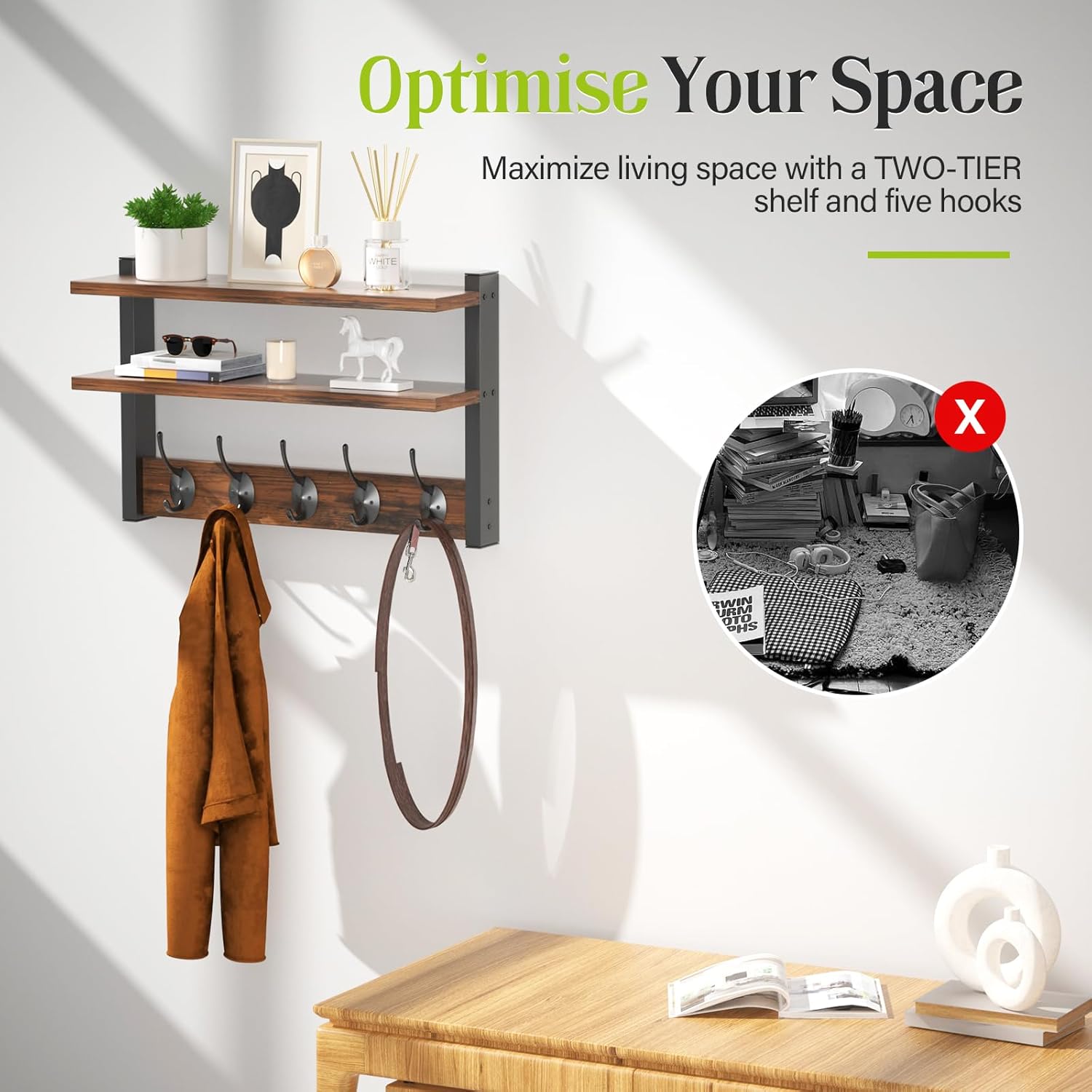 Two-Tier Wall Shelf with Five Hooks Rustic Brown