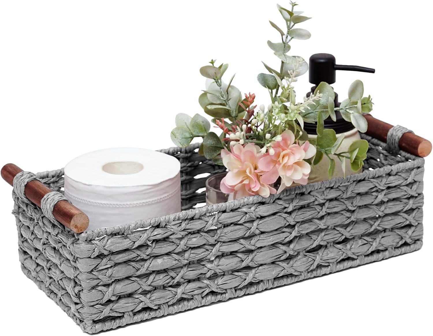 Handmade Wicker Storage Basket with Handle - Light Grey