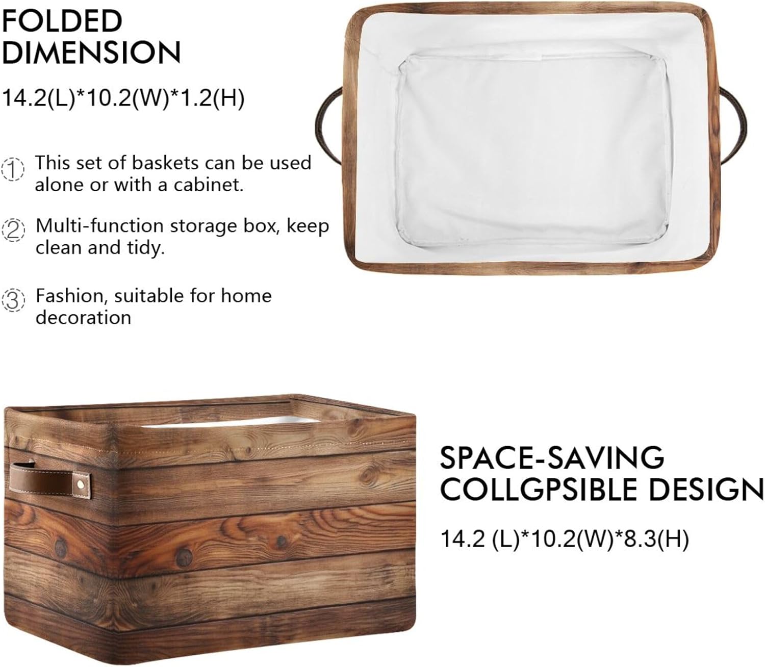 Retro Vintage Wood Print Storage Basket Organizer Bin Shelf For Clothes Gifts Home Office Dorm