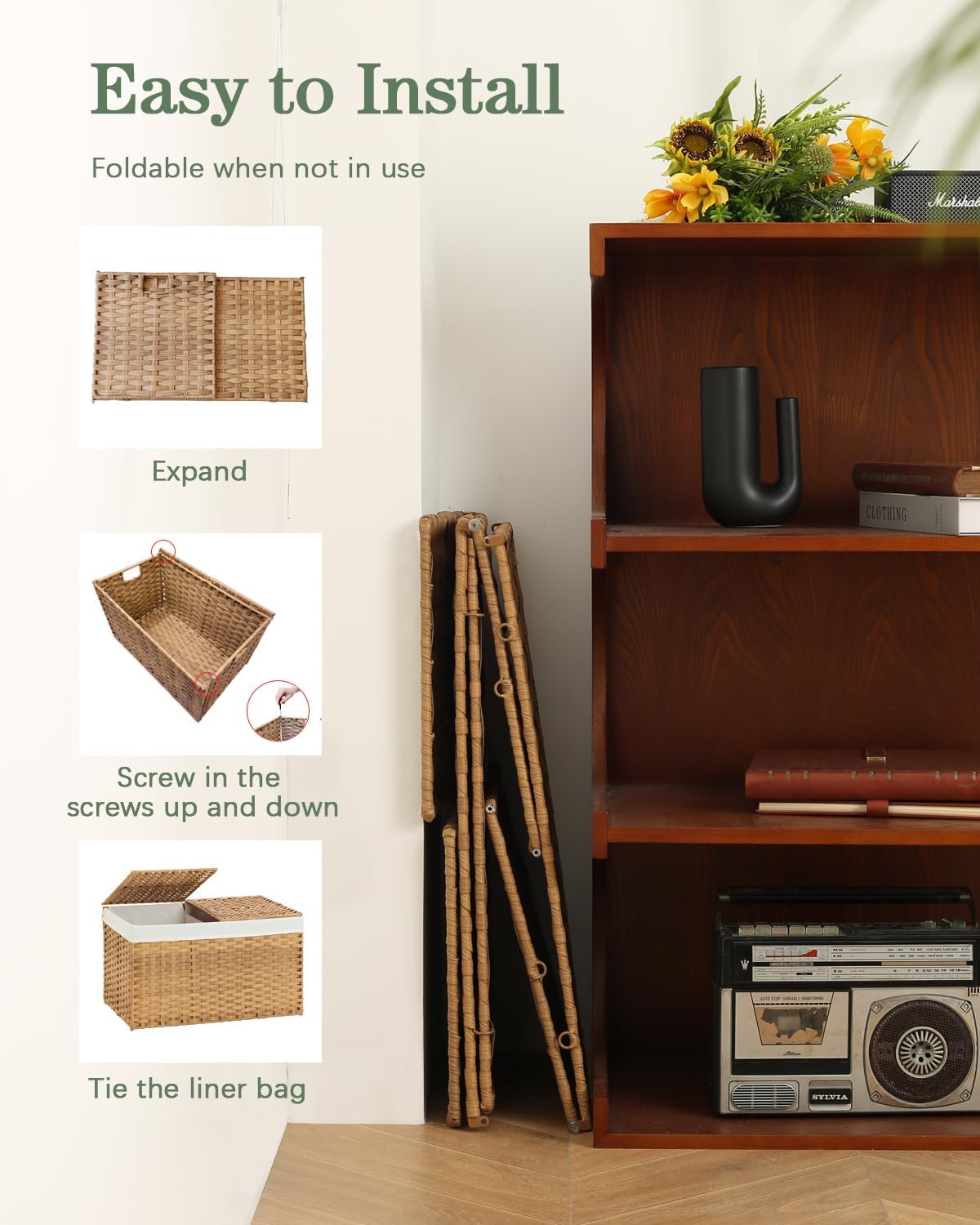 Storage Basket with Lid Rattan Woven 2 Lids 172 Gallon Foldable