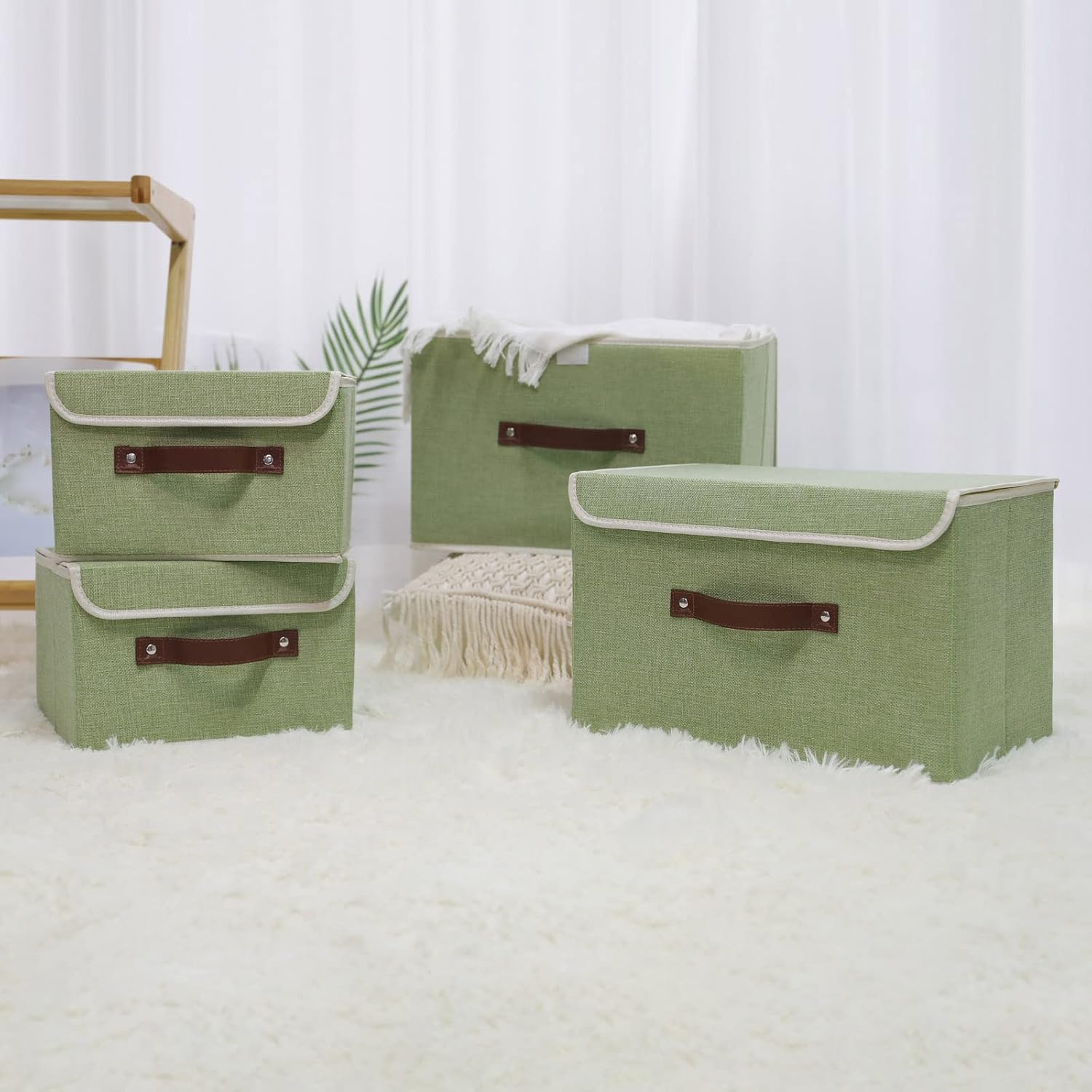 ANMINY Small Lidded Storage Bin with PU Handles