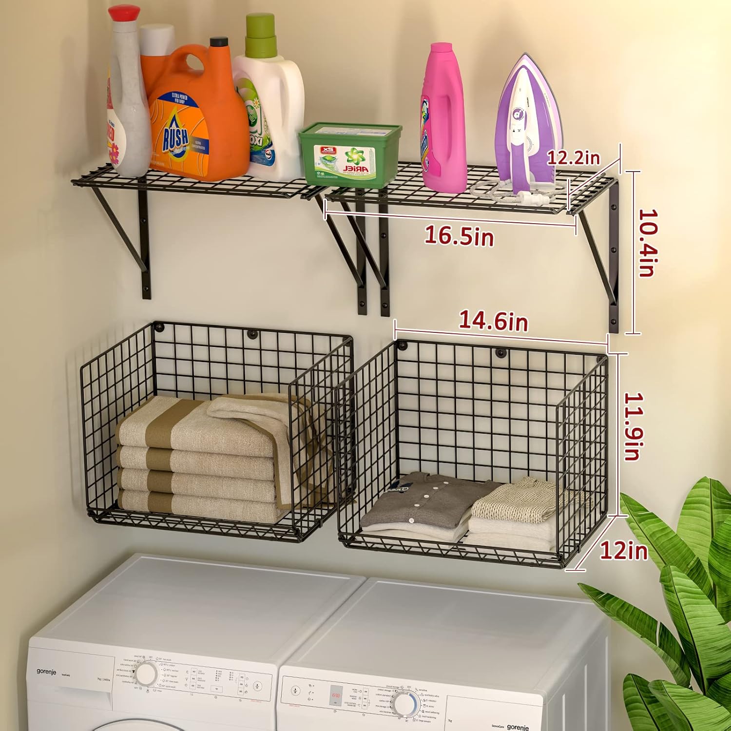 2 Pack Laundry Room Shelves with 8 Hooks Black