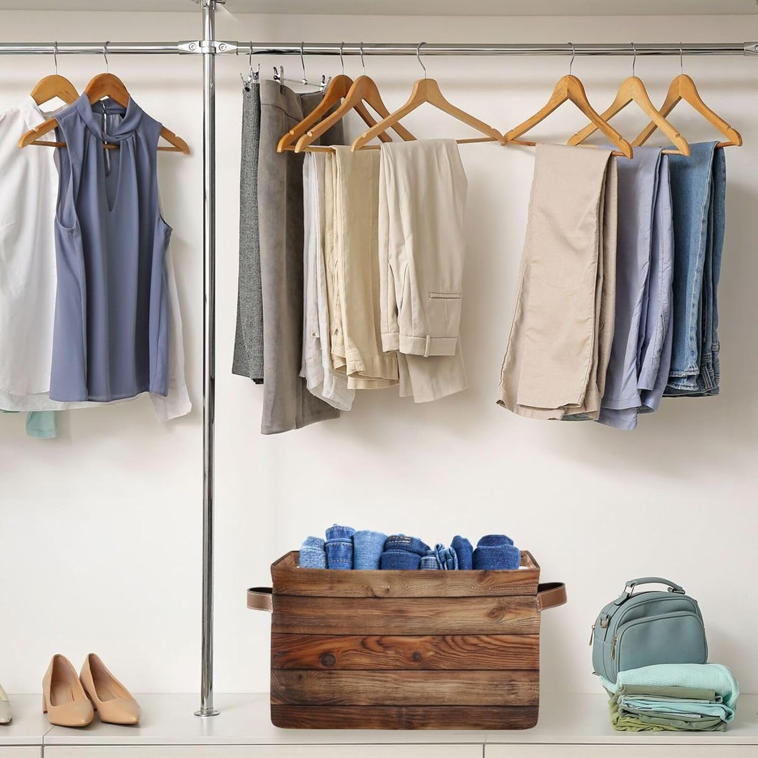 Retro Vintage Wood Print Storage Basket Organizer Bin Shelf For Clothes Gifts Home Office Dorm