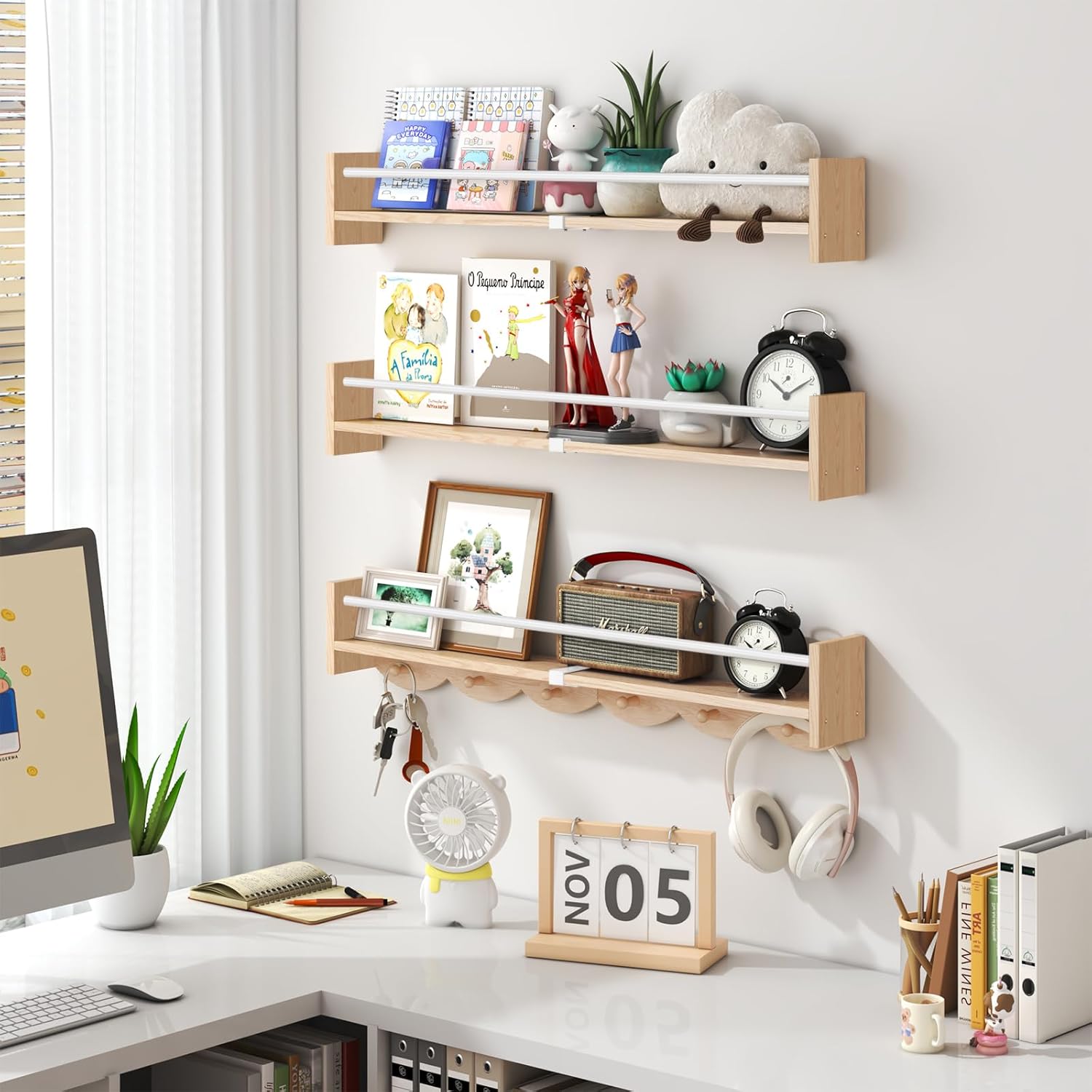34 Inch Wall Mounted Bookshelf with 6 Hooks Set of 3