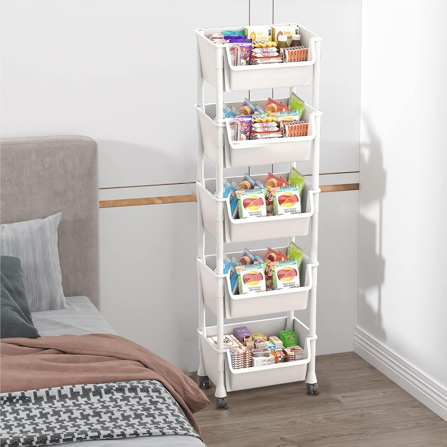 5-Tier Mobile Storage Shelf with Wheels White