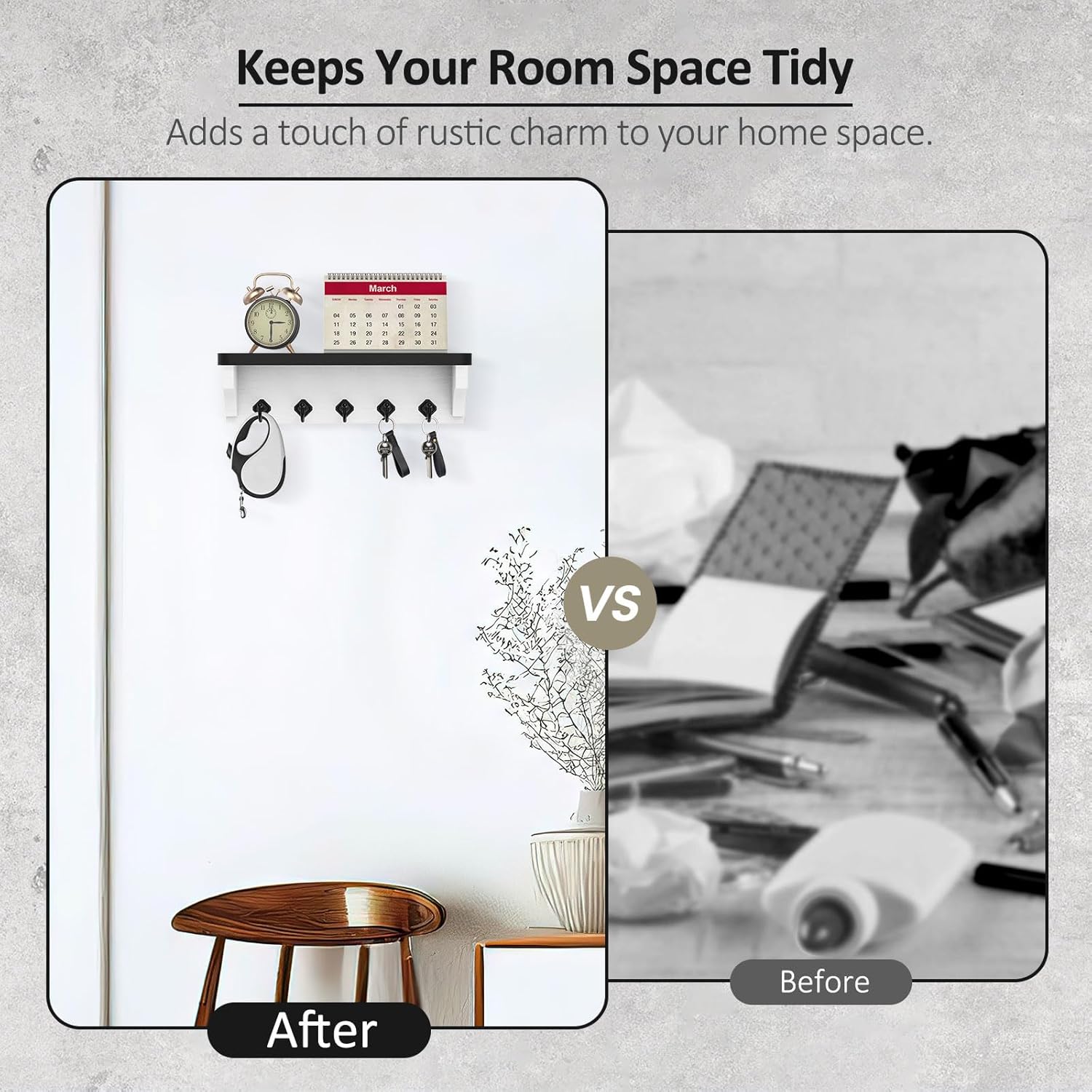 Nekon Wall Key Holder with Floating Shelf and 5 Hooks Black