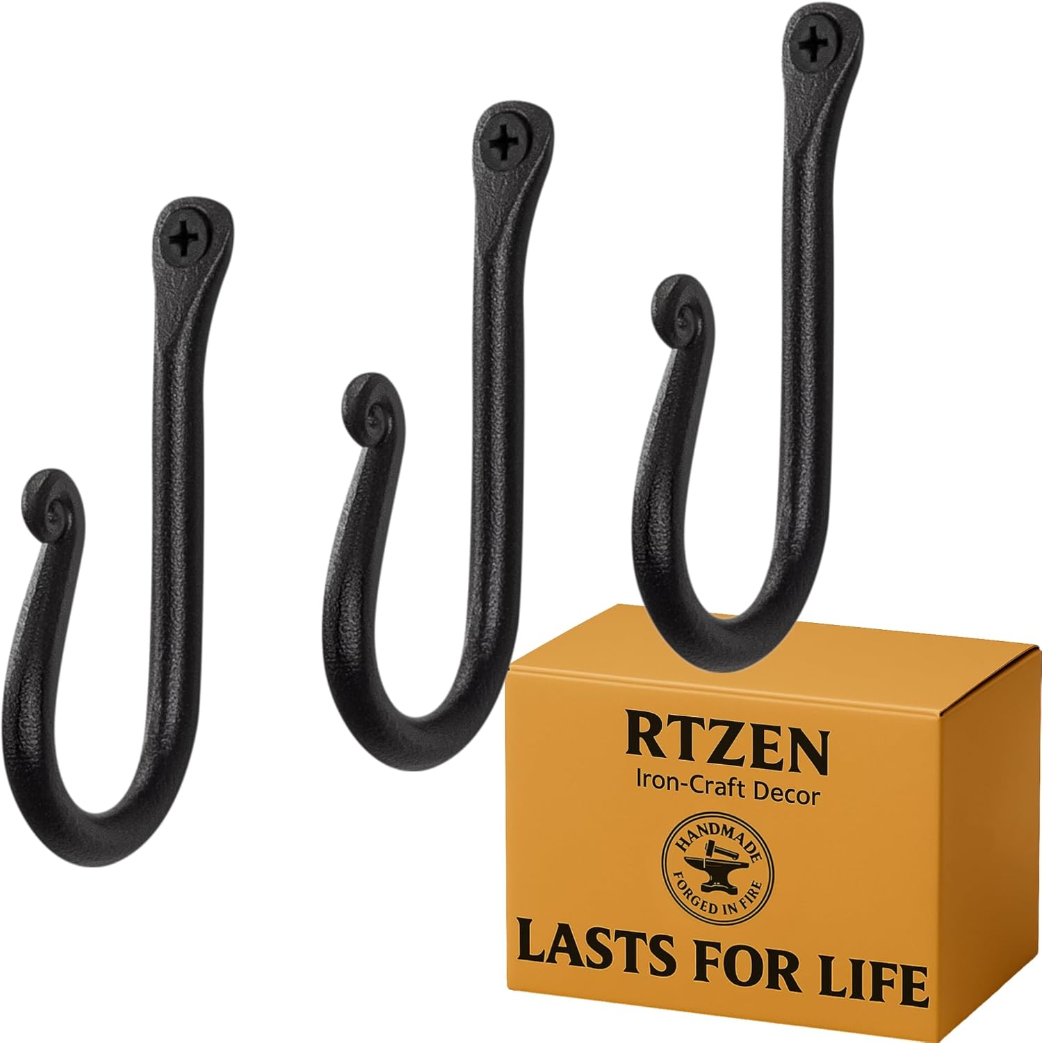 RTZEN Wall Mount Hook Set - 3 Pack Wrought Iron Hooks
