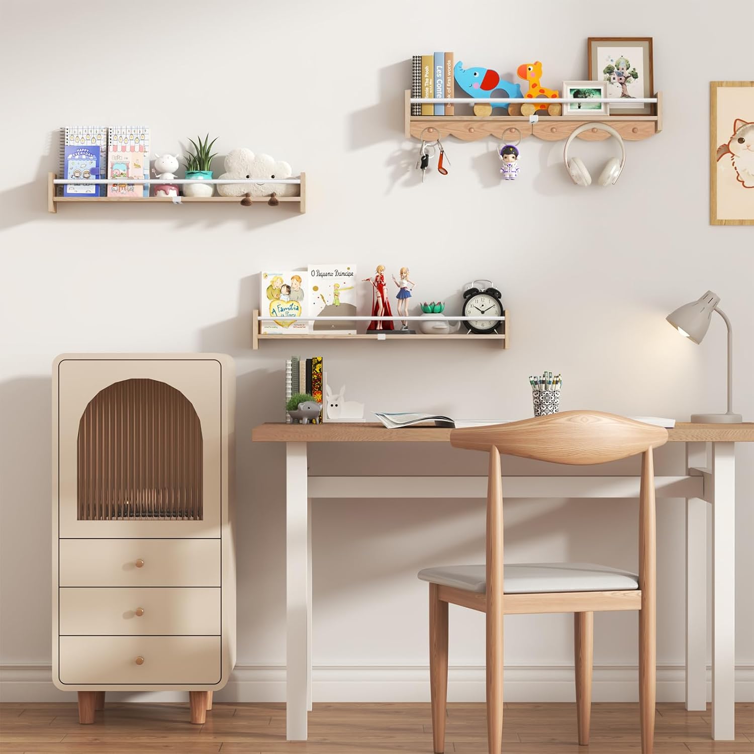 34 Inch Wall Mounted Bookshelf with 6 Hooks Set of 3