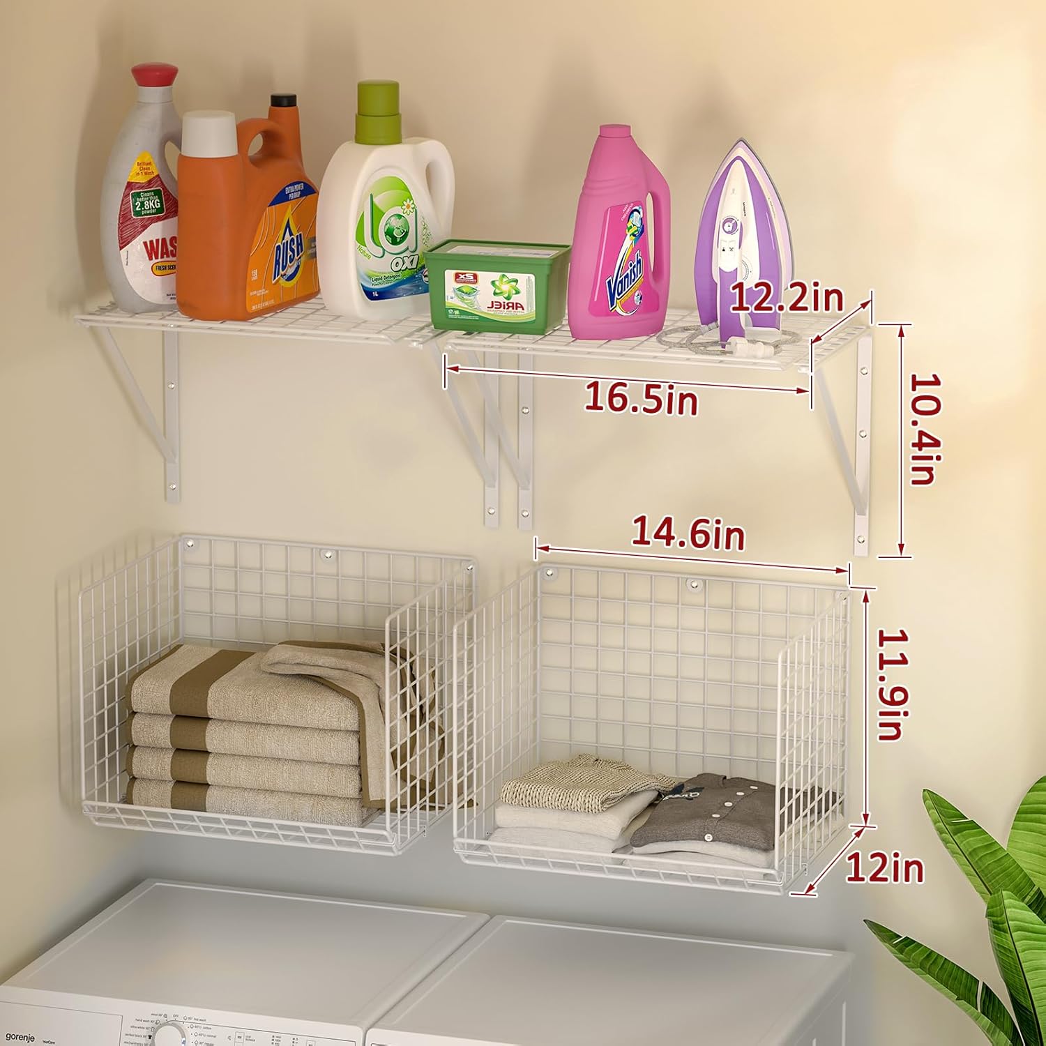 2 Pack Laundry Room Wall Shelves with Wire Baskets and 8 Hooks - White