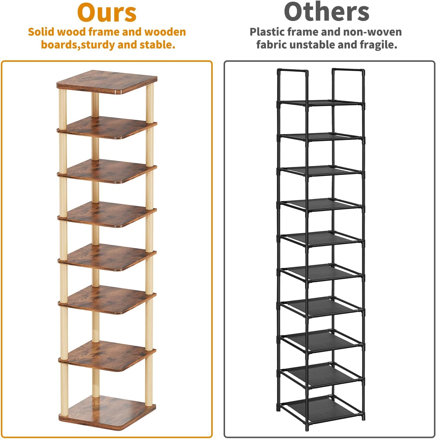 LUCKNOCK Vertical Shoe Rack 8-Tier Rustic Brown