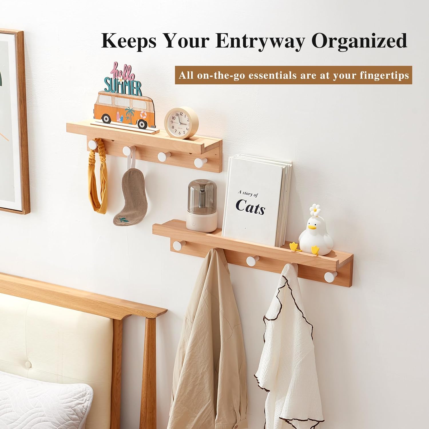 Beech Wood Wall Hooks with Shelf 19 Inch