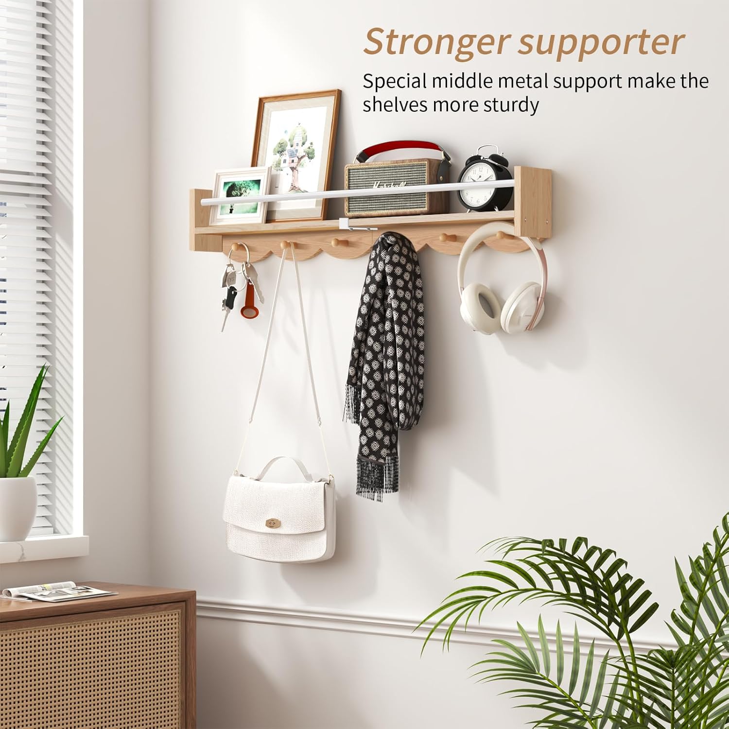 34 Inch Wall Mounted Bookshelf with 6 Hooks Set of 3