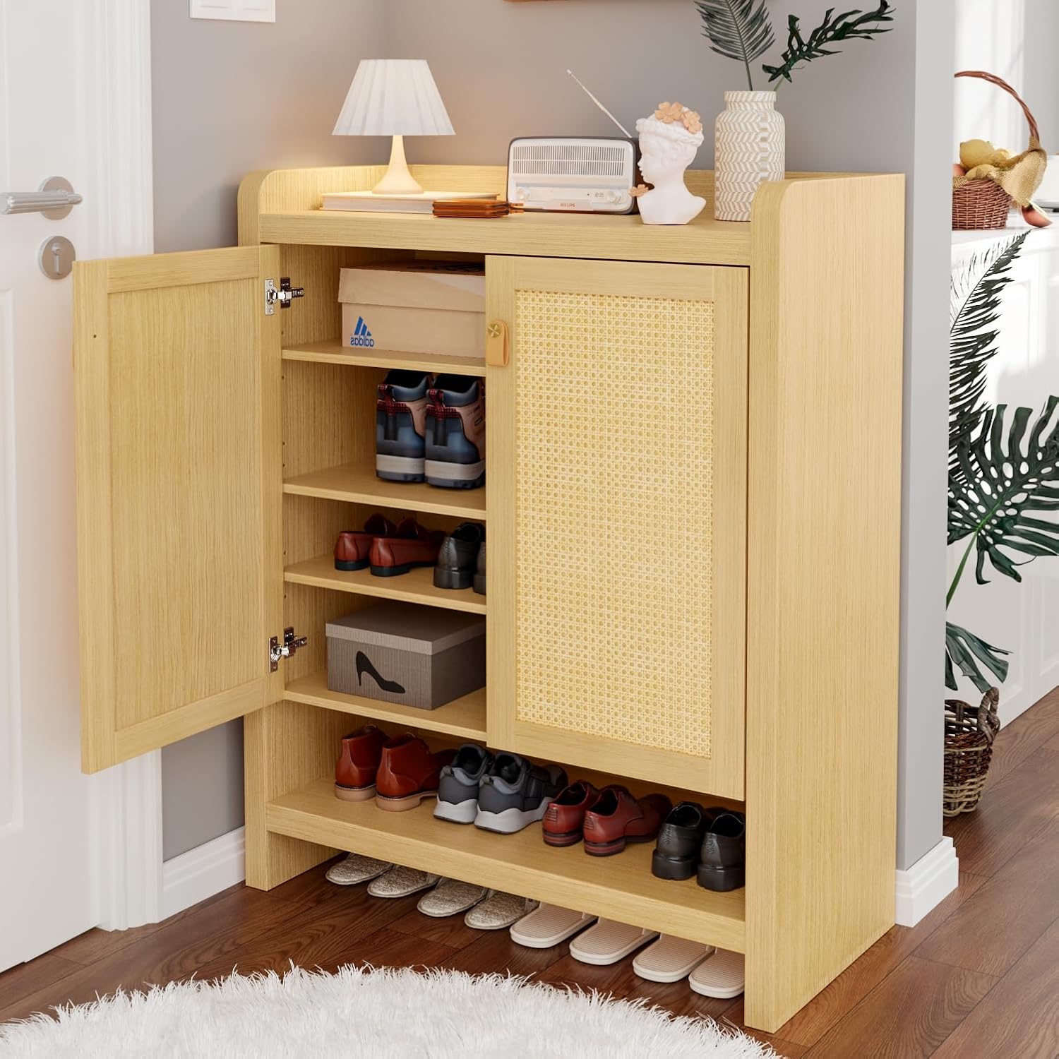 Senlin Rattan Shoe Cabinet with 5-Tier Storage and Rounded Corners