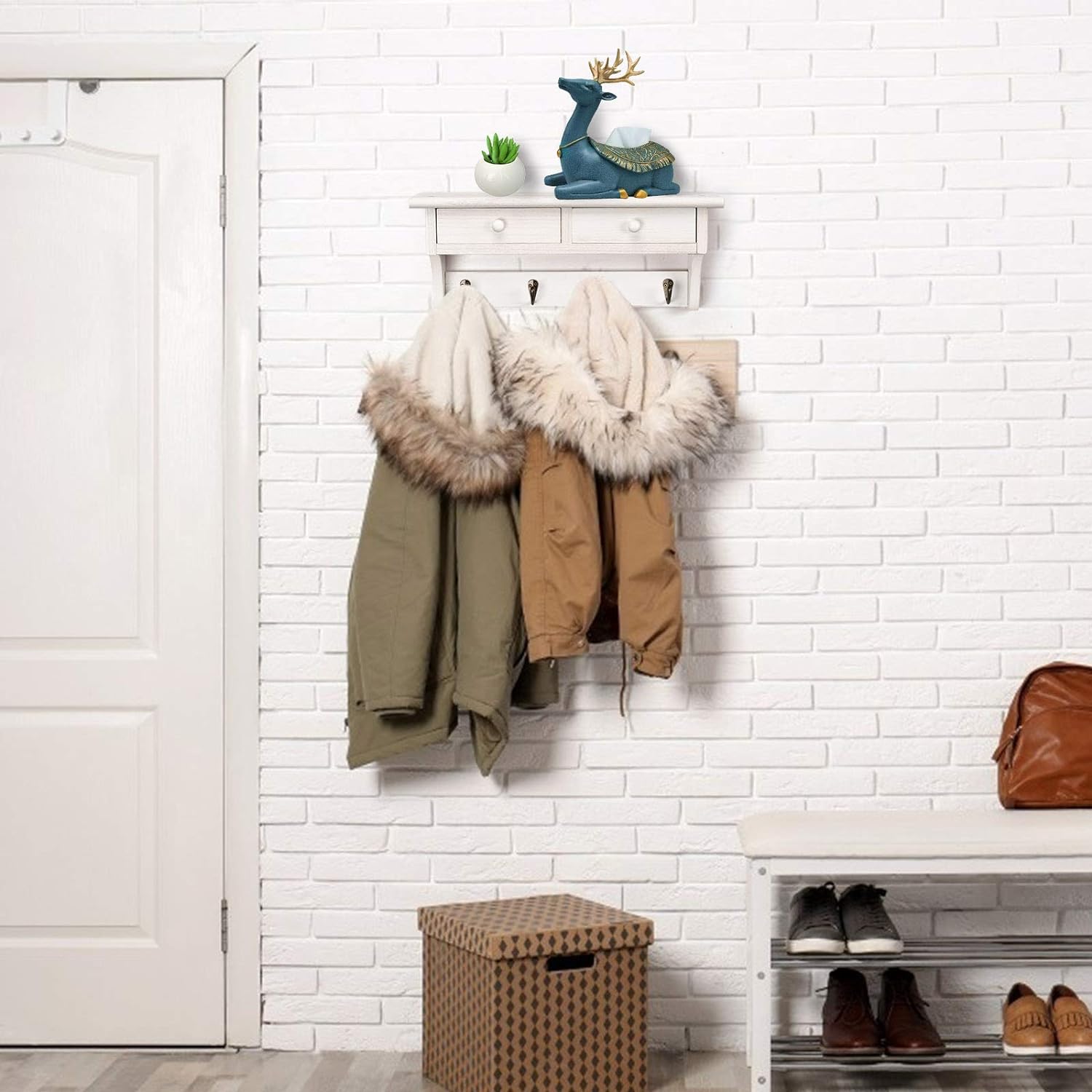 Emfogo Rustic Wood Coat Hooks Wall Mount Shelf