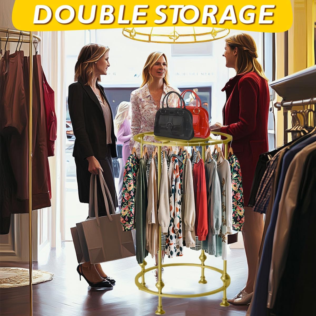 Round Retail Clothing Rack with Double Storage