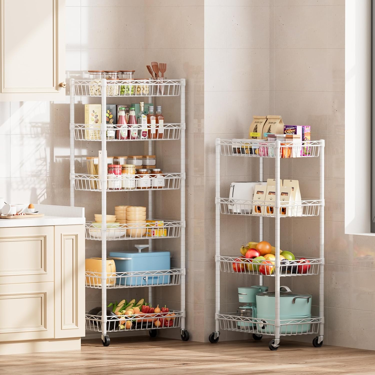 SINGAYE 6 Tier Adjustable Wire Shelving Unit with Wheels for Garage Kitchen Office White