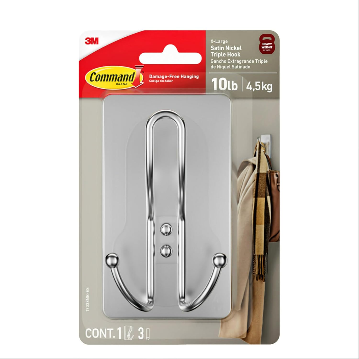 Command X-Large Satin Nickel Triple Hook No Tools Wall Mount