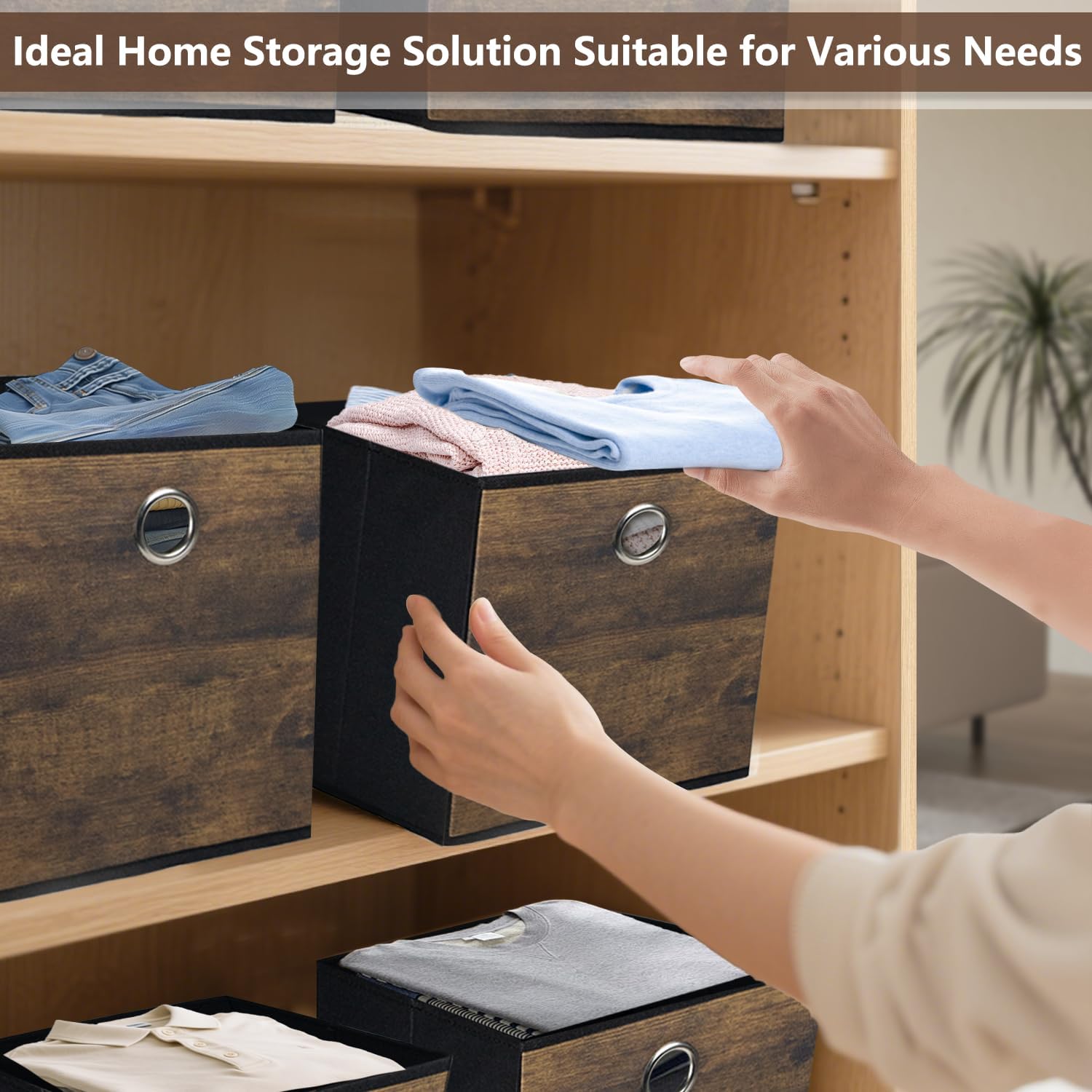 Thickened Fabric Storage Bins with Wood Grain 3 Pack