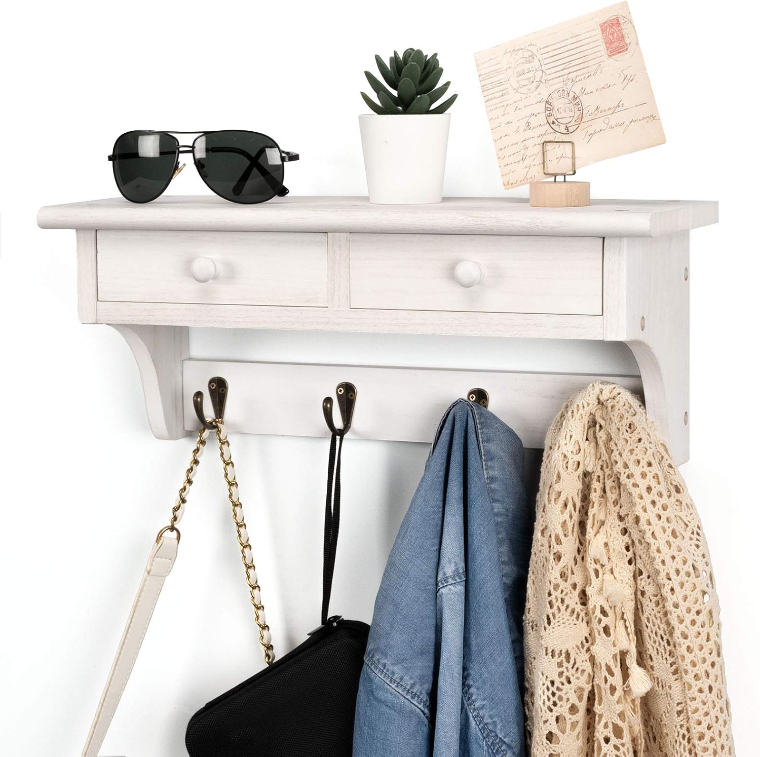 Emfogo Rustic Wood Coat Hooks Wall Mount Shelf