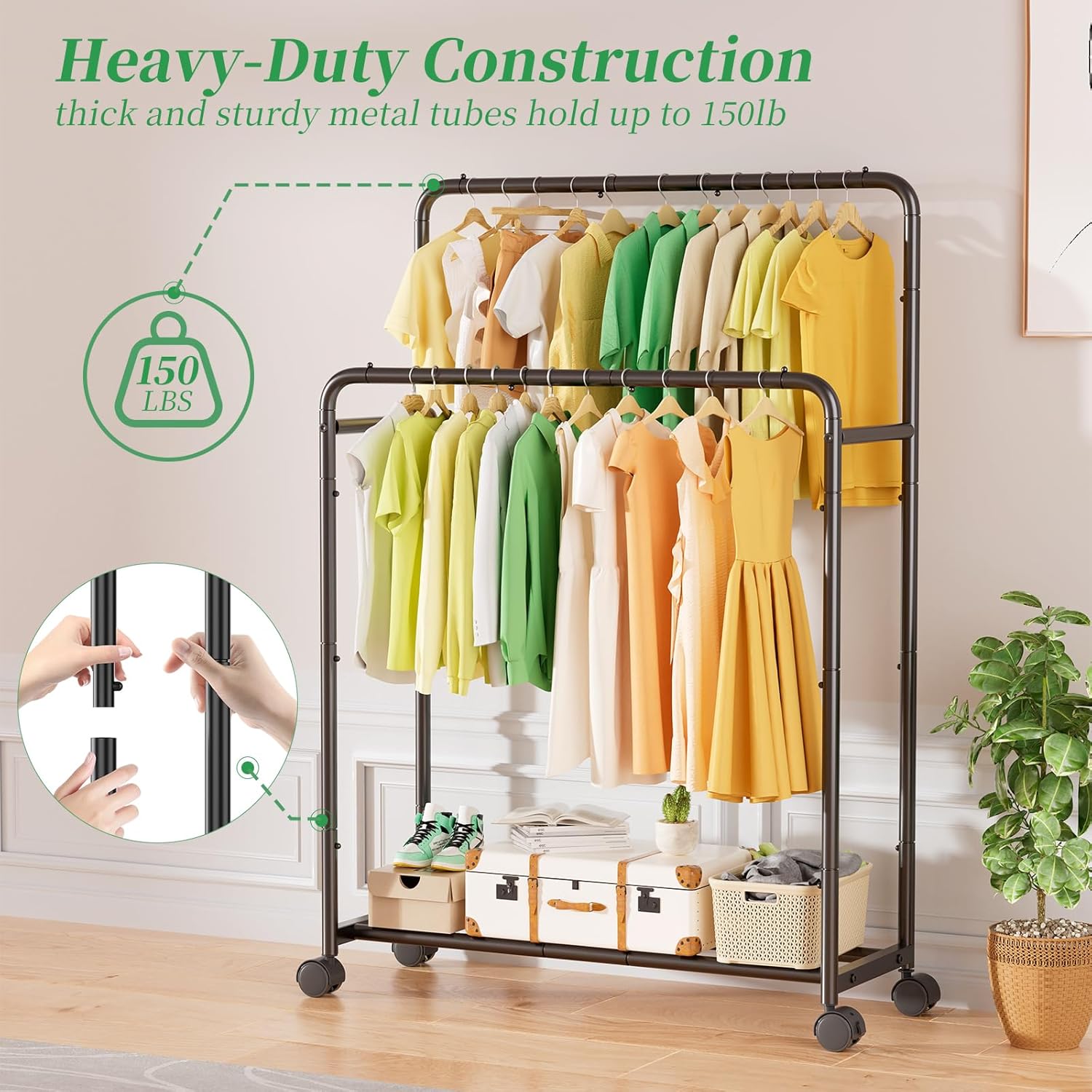 Simple Trending Double Rod Garment Rack with Wheels Black