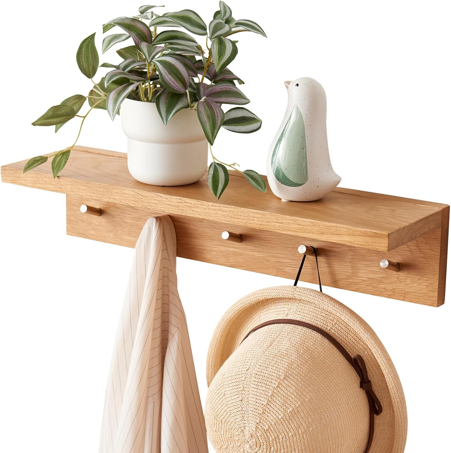 Oak Wood Coat Rack Wall Mount With Shelf 5 Hooks