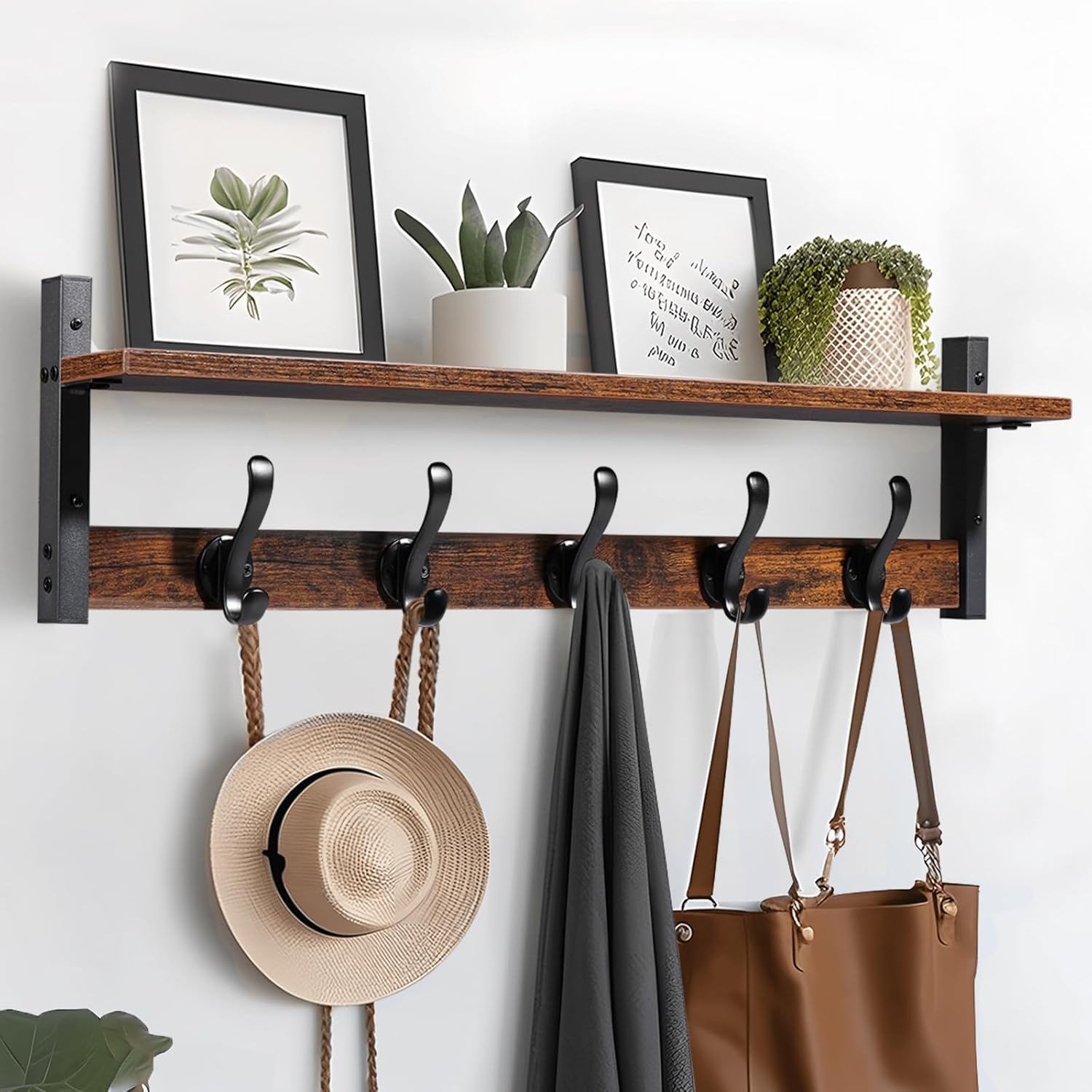 Tatub 29 Inch Rustic Black Coat Rack Wall Mount with Shelf