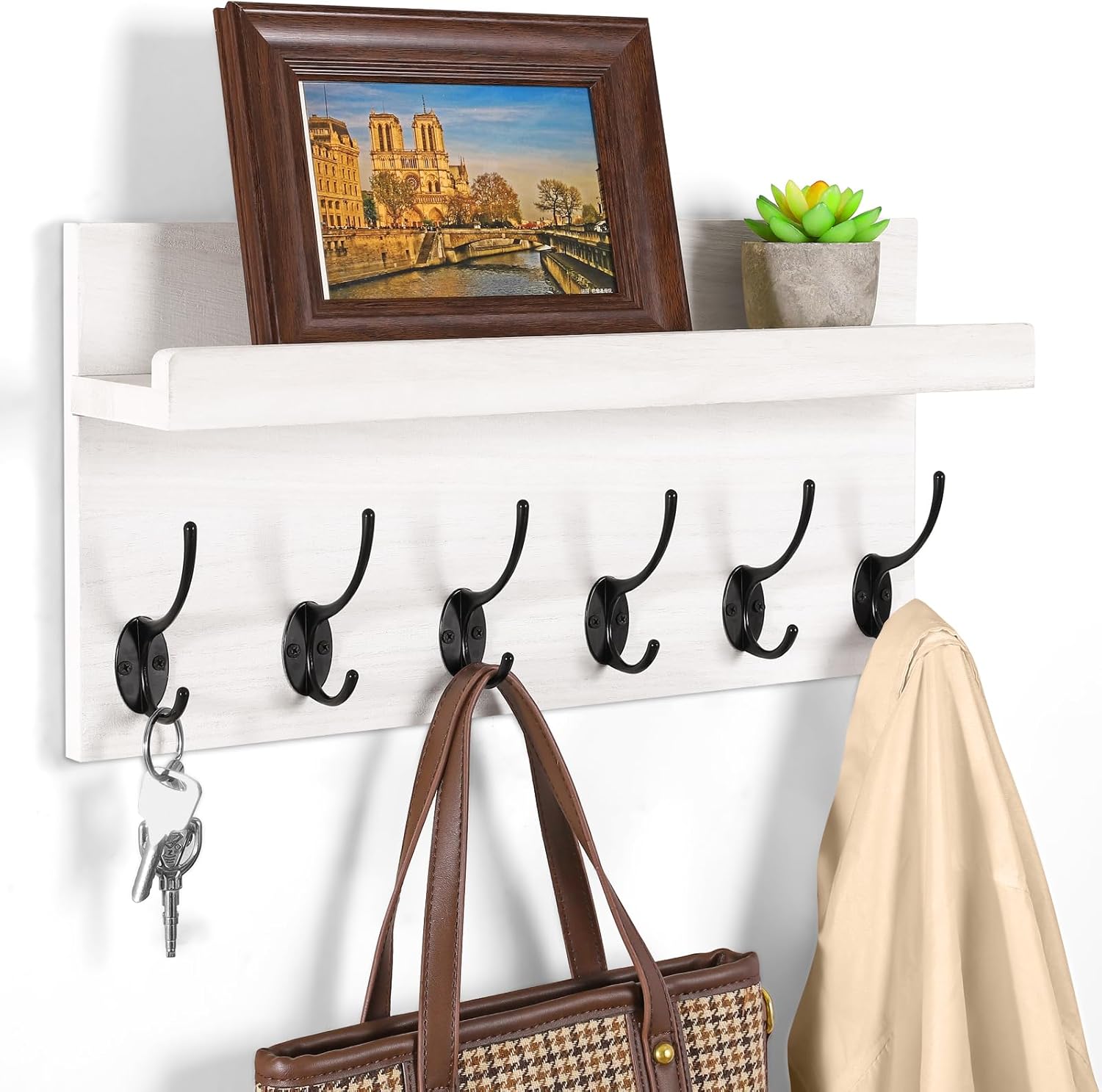 White Wall Mount Coat Rack with 6 Double Hooks and Shelf