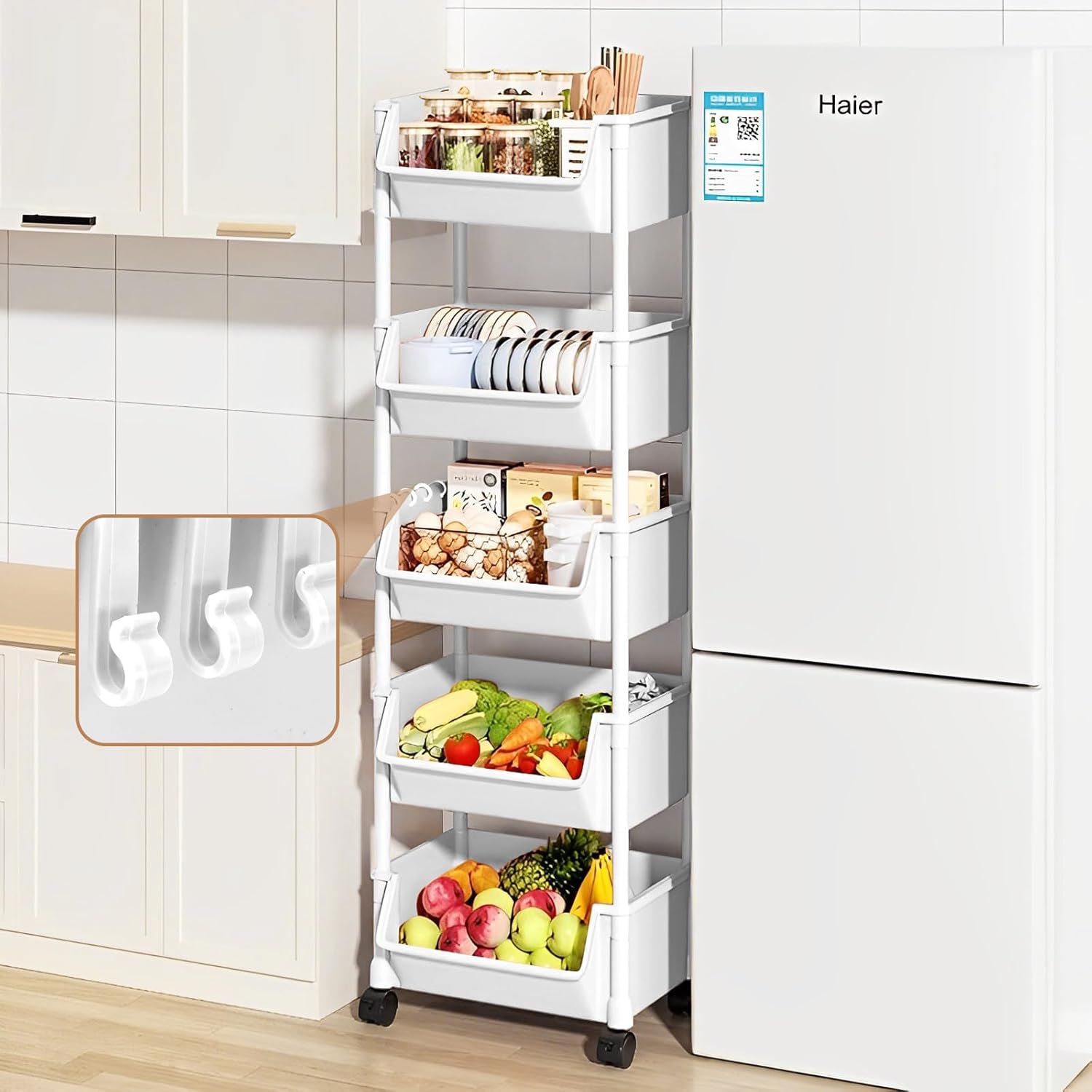 5-Tier Mobile Storage Shelf with Wheels White