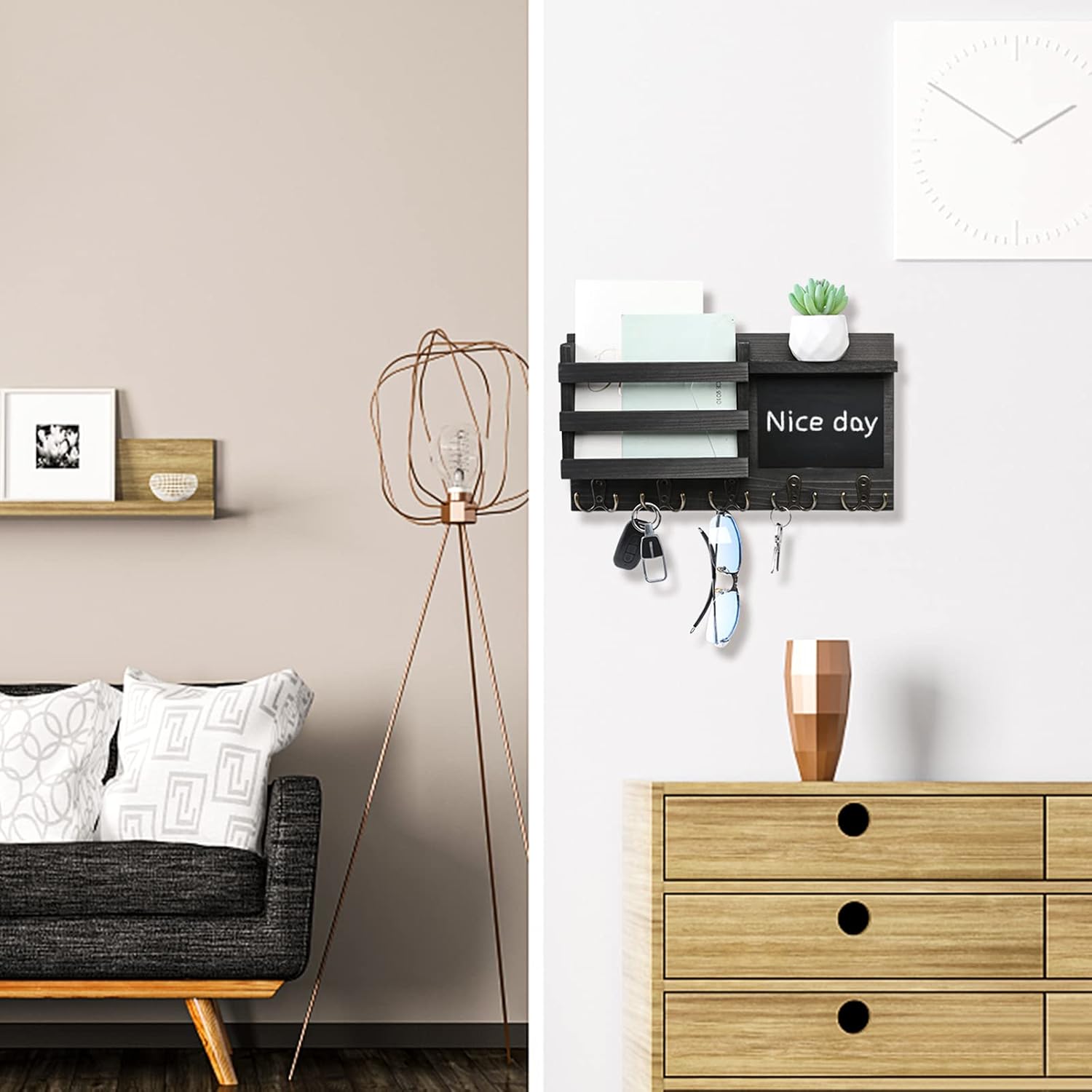 HRONRAD Wall Key Holder with Floating Shelf and Chalkboard