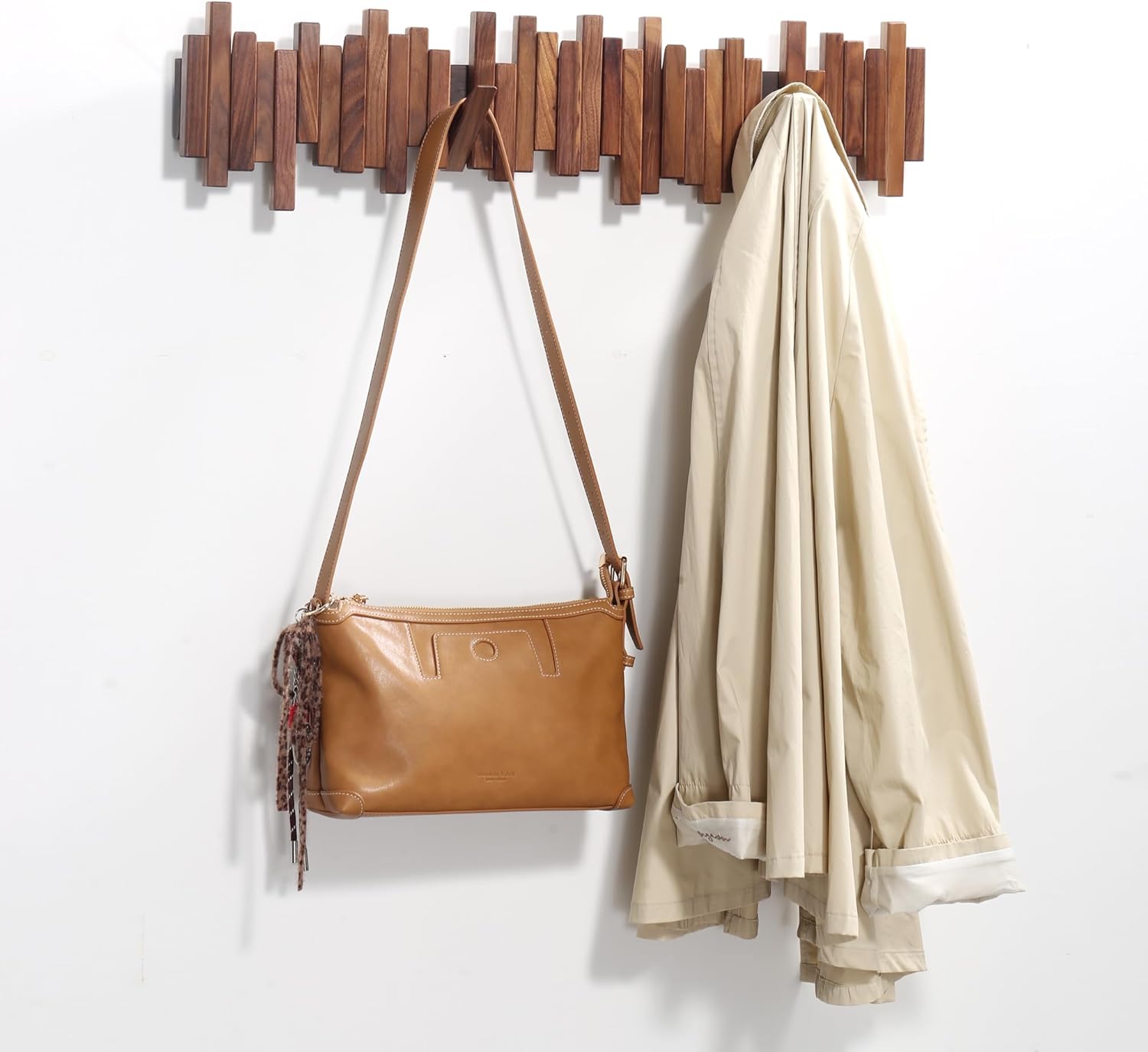 Wooden Coat Rack Wall Mounted Multi Hook Natural Walnut Art Design