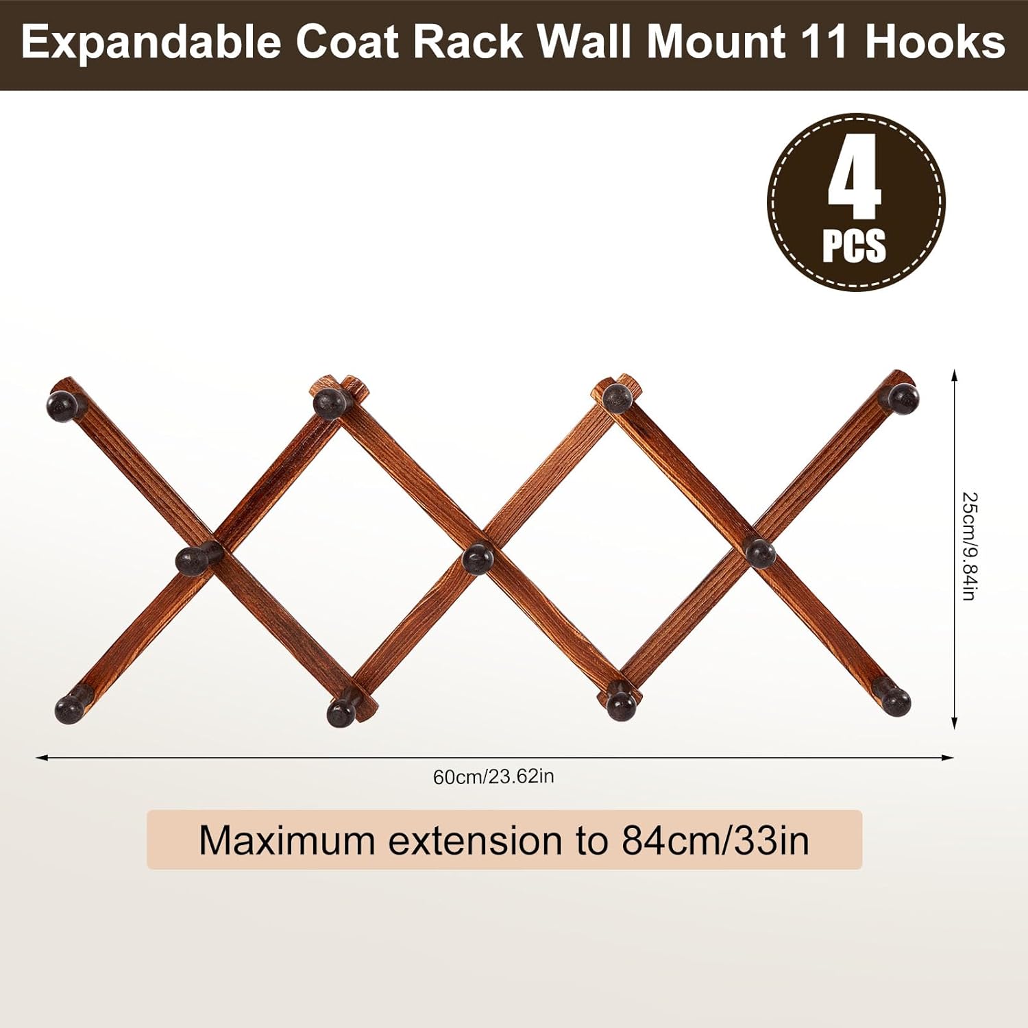 4 Pcs Expandable Wooden Coat Rack Wall Hanger with 11 Hooks