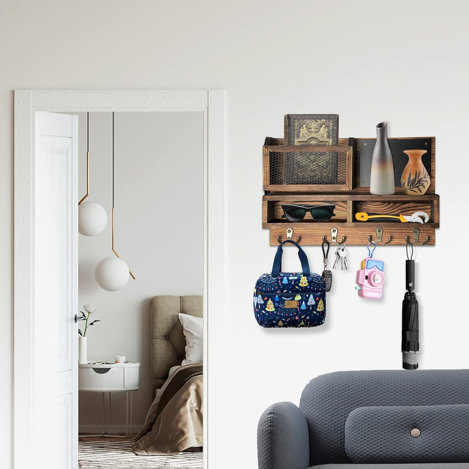 WEWEOW Key Holder Wall Mount with 4 Hooks and Chalkboard