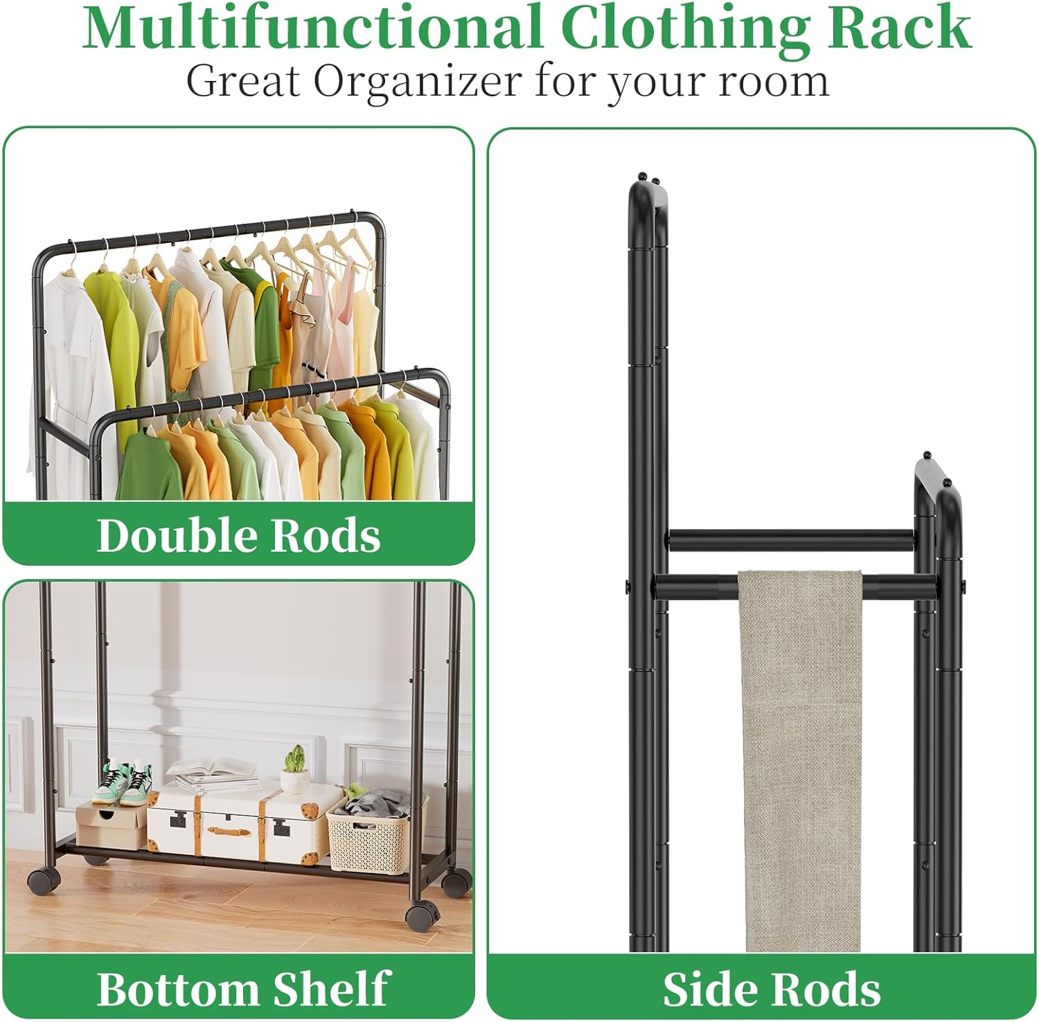 Simple Trending Double Rod Garment Rack with Wheels Black