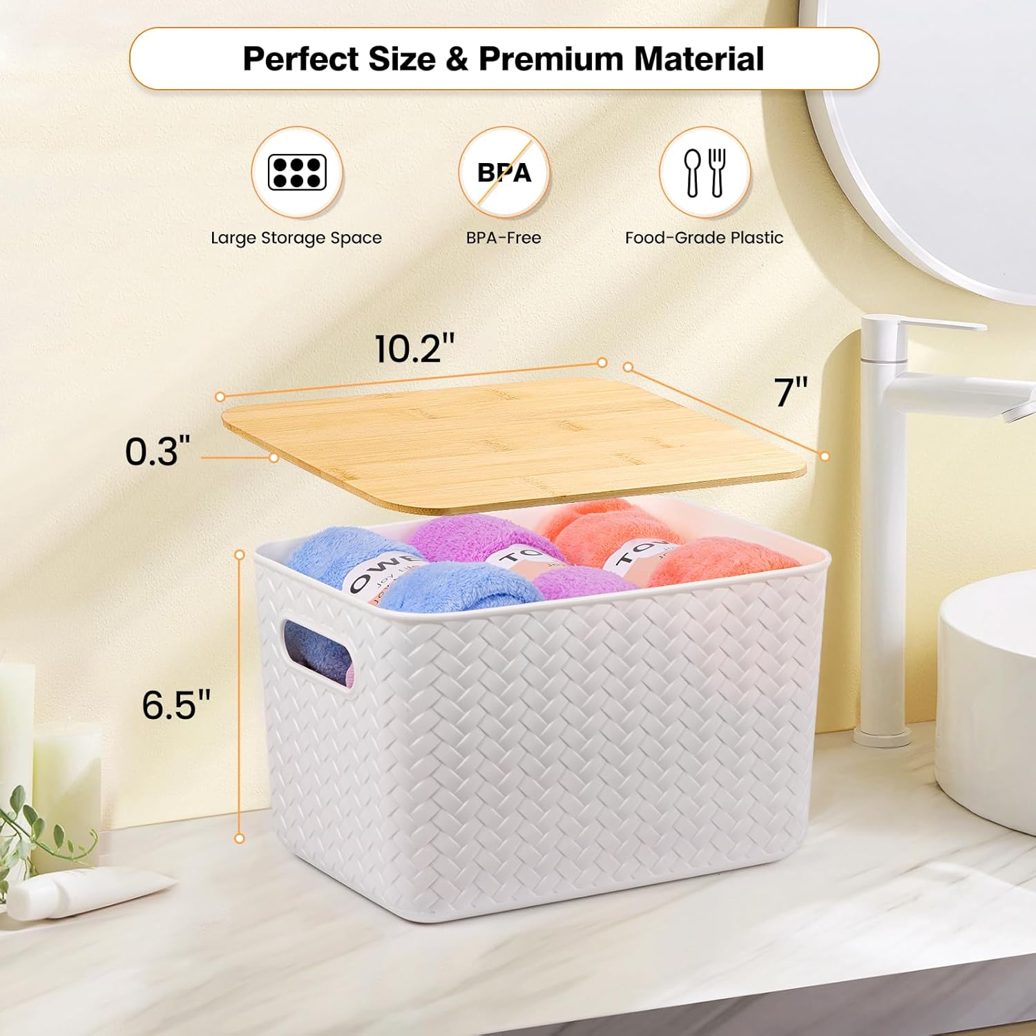 4 Pack Stackable Storage Bins with Bamboo Lids - White