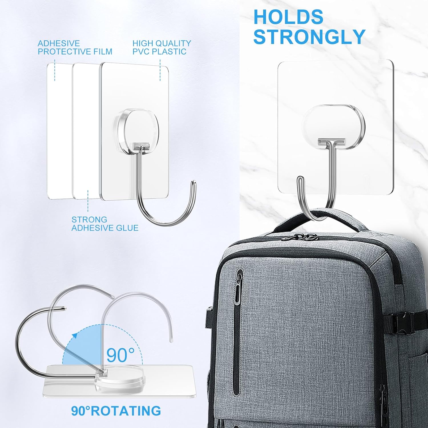 Large Heavy Duty Self Adhesive Hooks 8 Pack