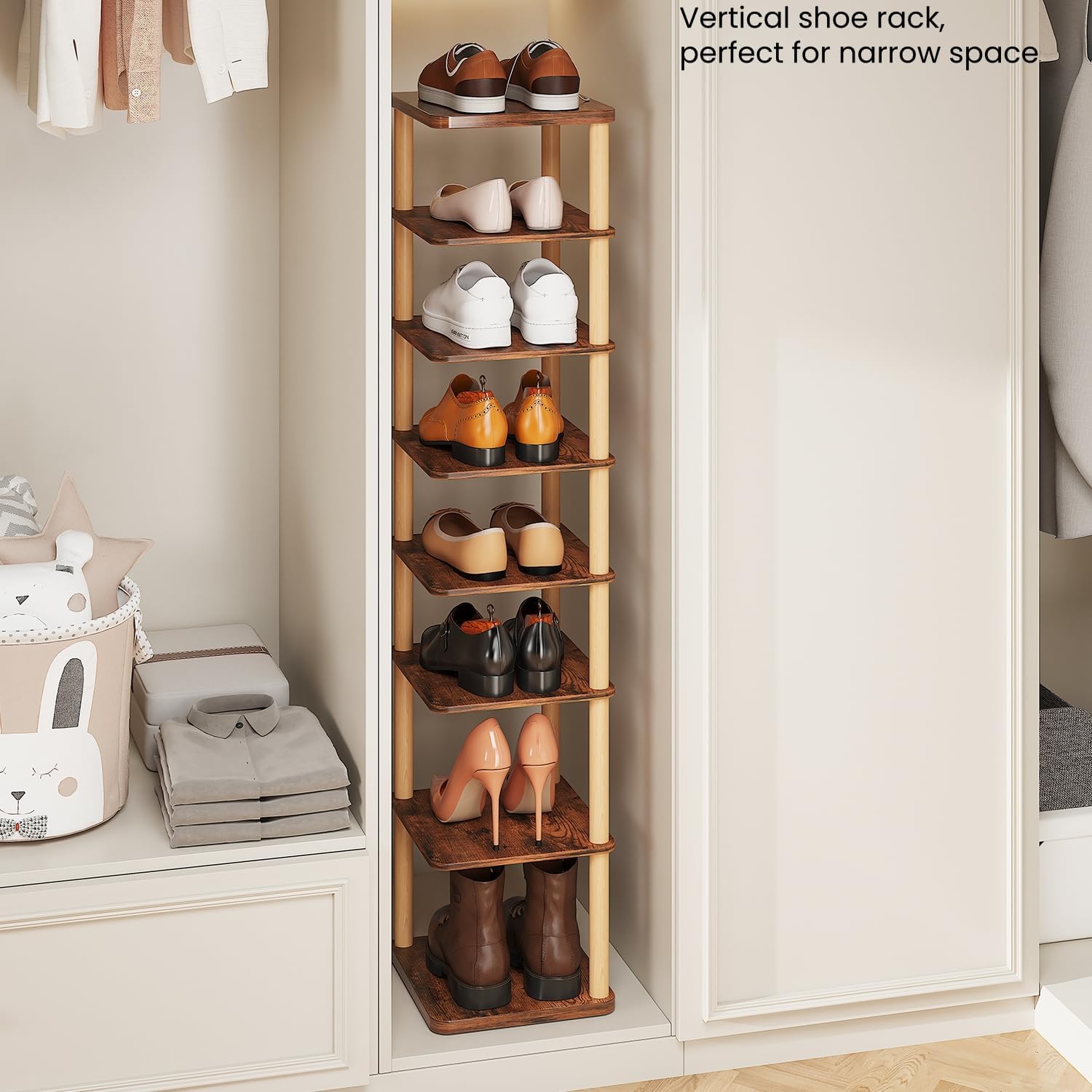 LUCKNOCK Vertical Shoe Rack 8-Tier Rustic Brown