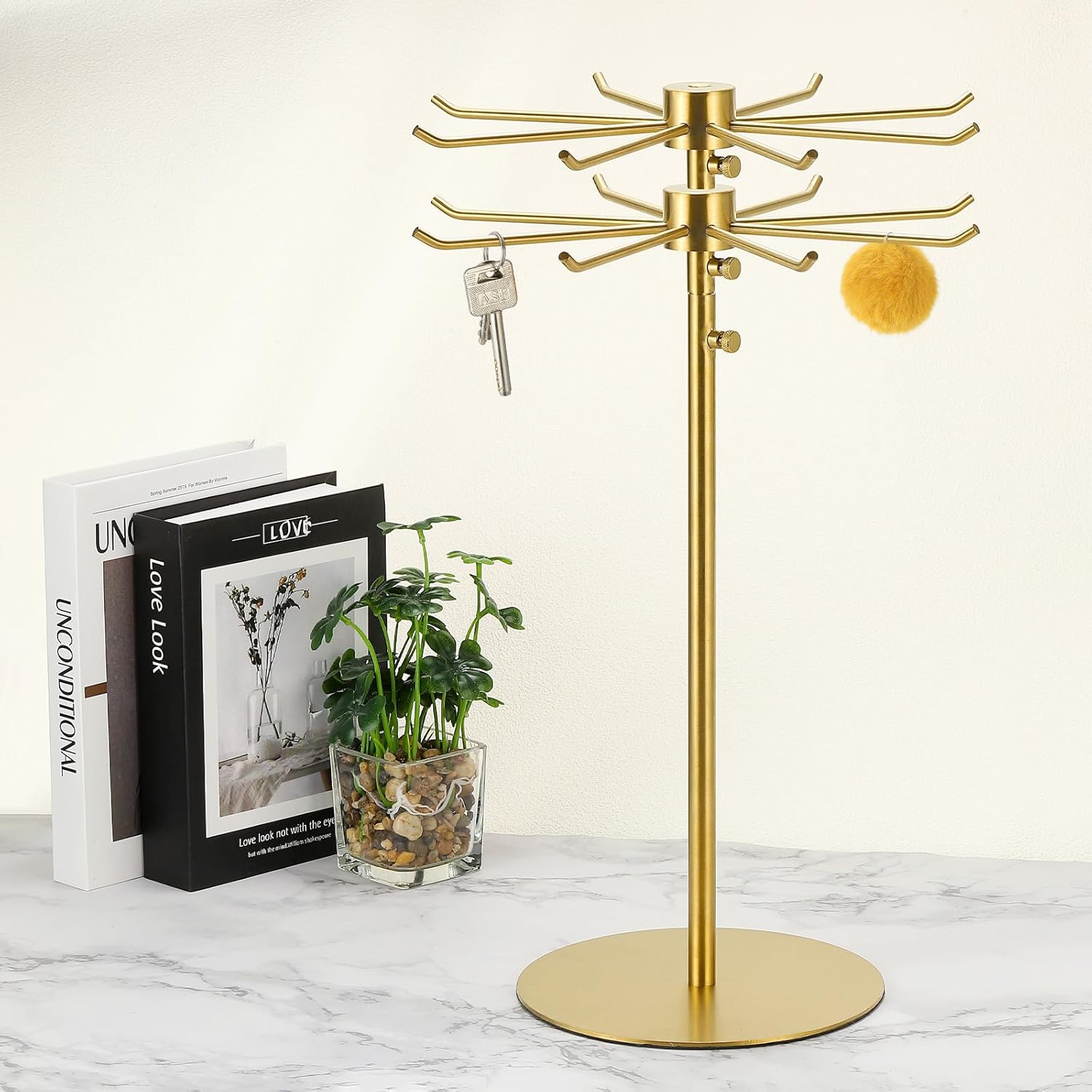 Uxcell Keychain Display Stand 1Pcs - 2 Layer Rotating Jewelry Holder with 8 Hooks