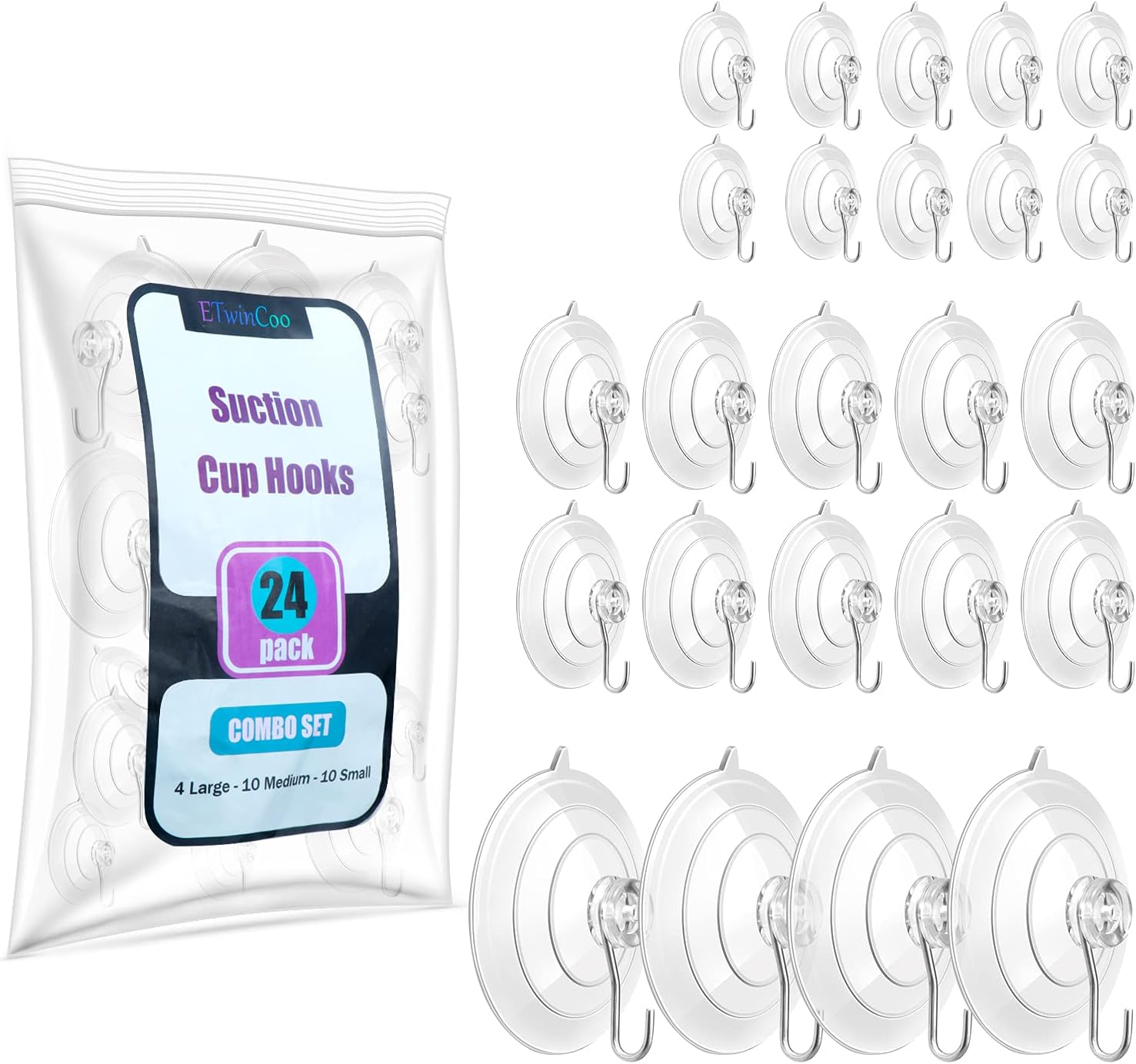 24 Pack All Purpose Suction Cup Hooks Combo Set