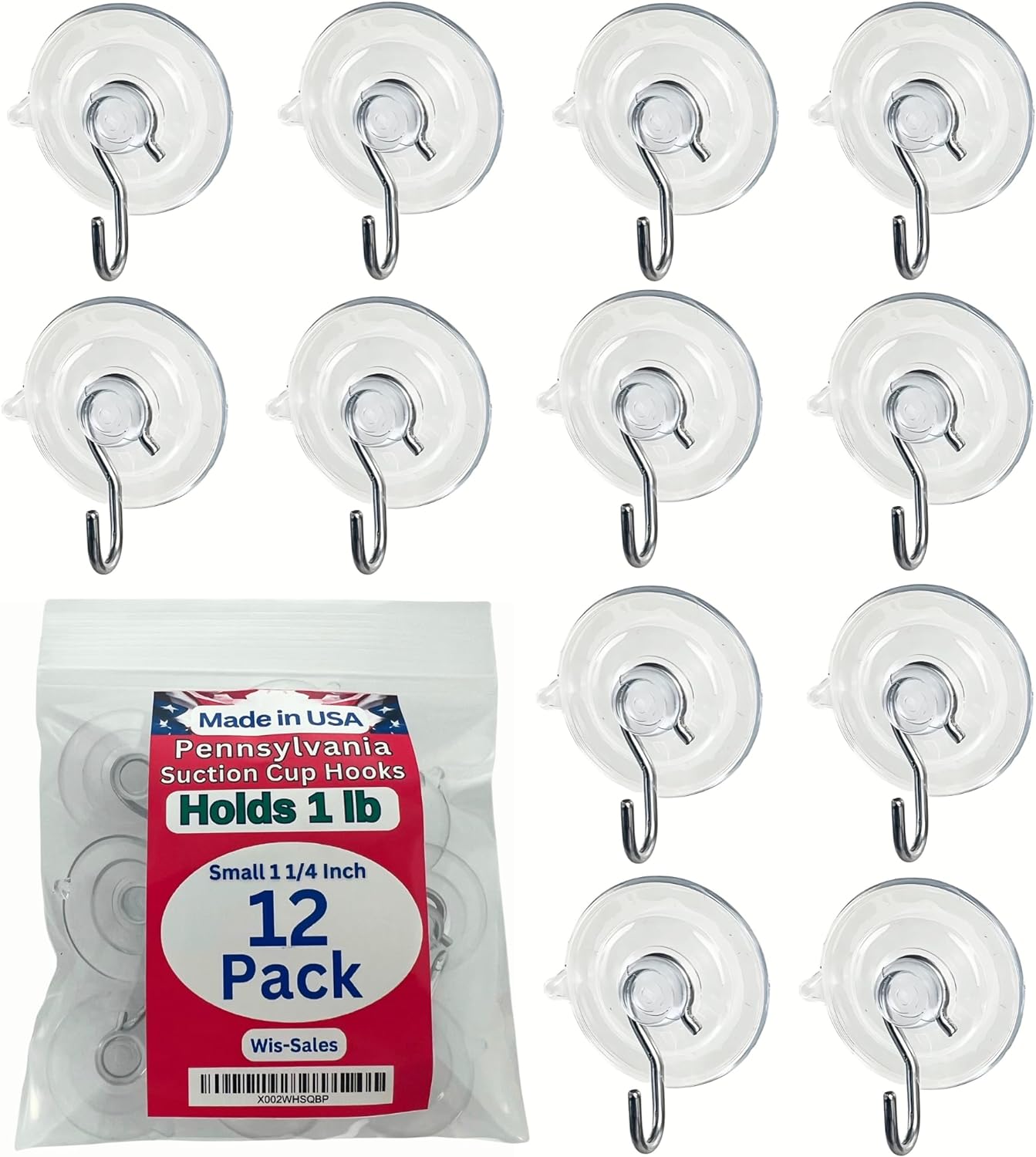 12 Pak Small Suction Cup Hooks 4 Inch Holds 1 Pound Made in USA