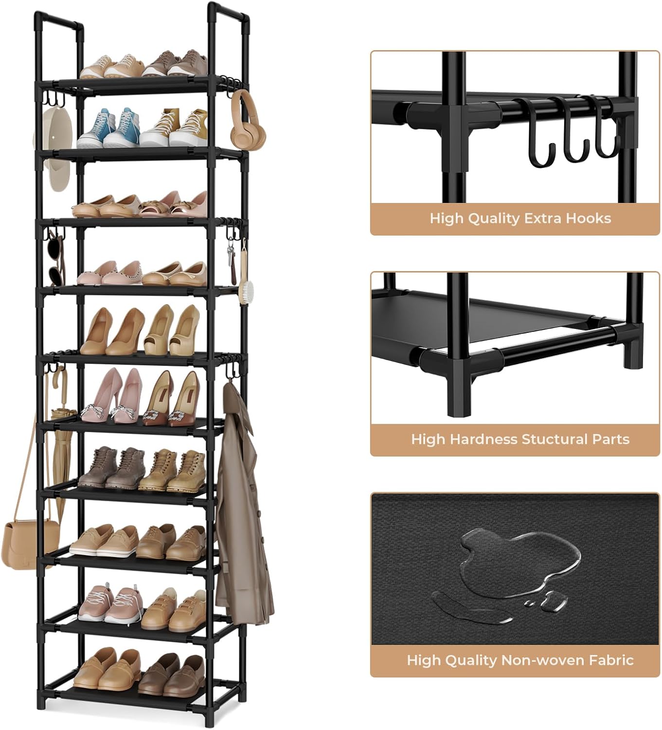 VTRIN 10 Tier Tall Shoe Rack with 18 Hooks