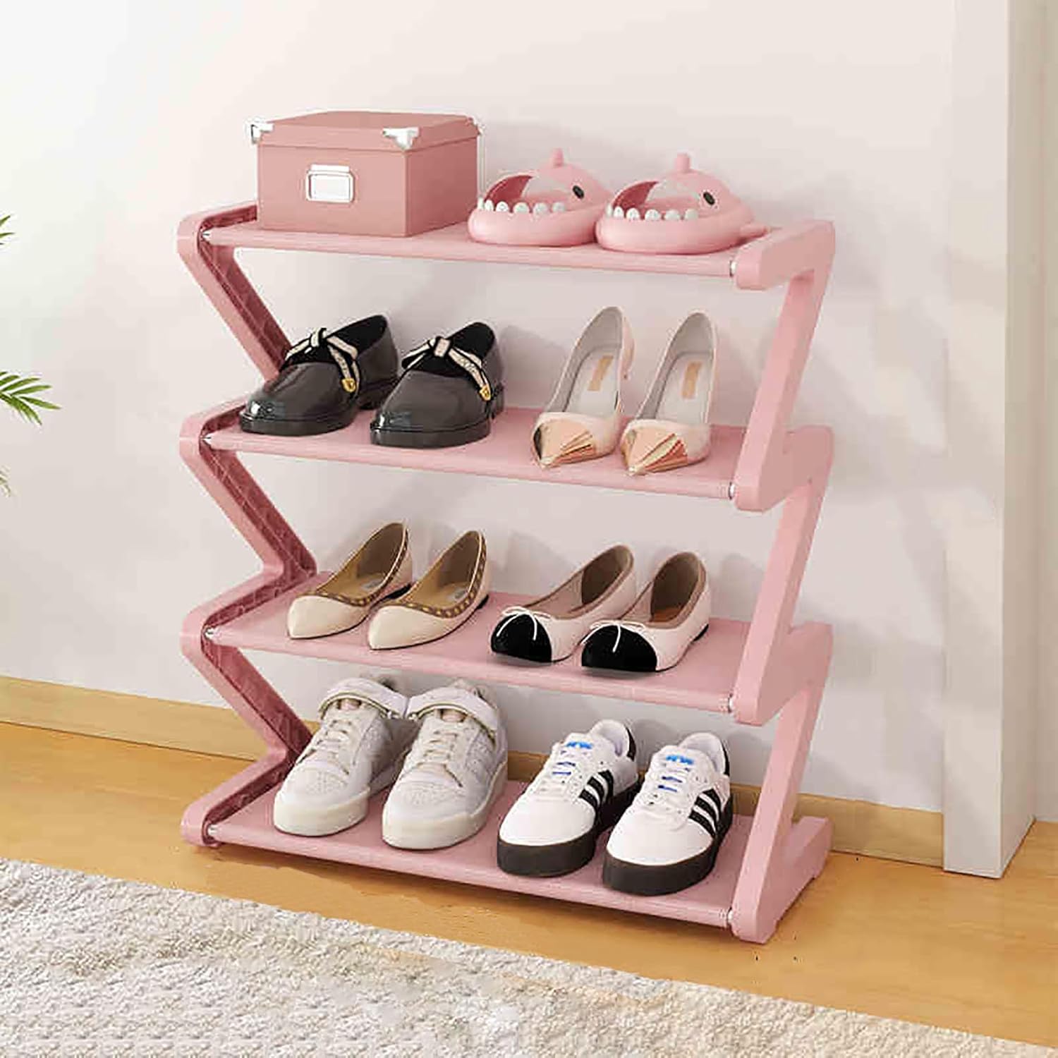 4-Tiers Simple Shoe Rack with Non-Woven Fabric Pink